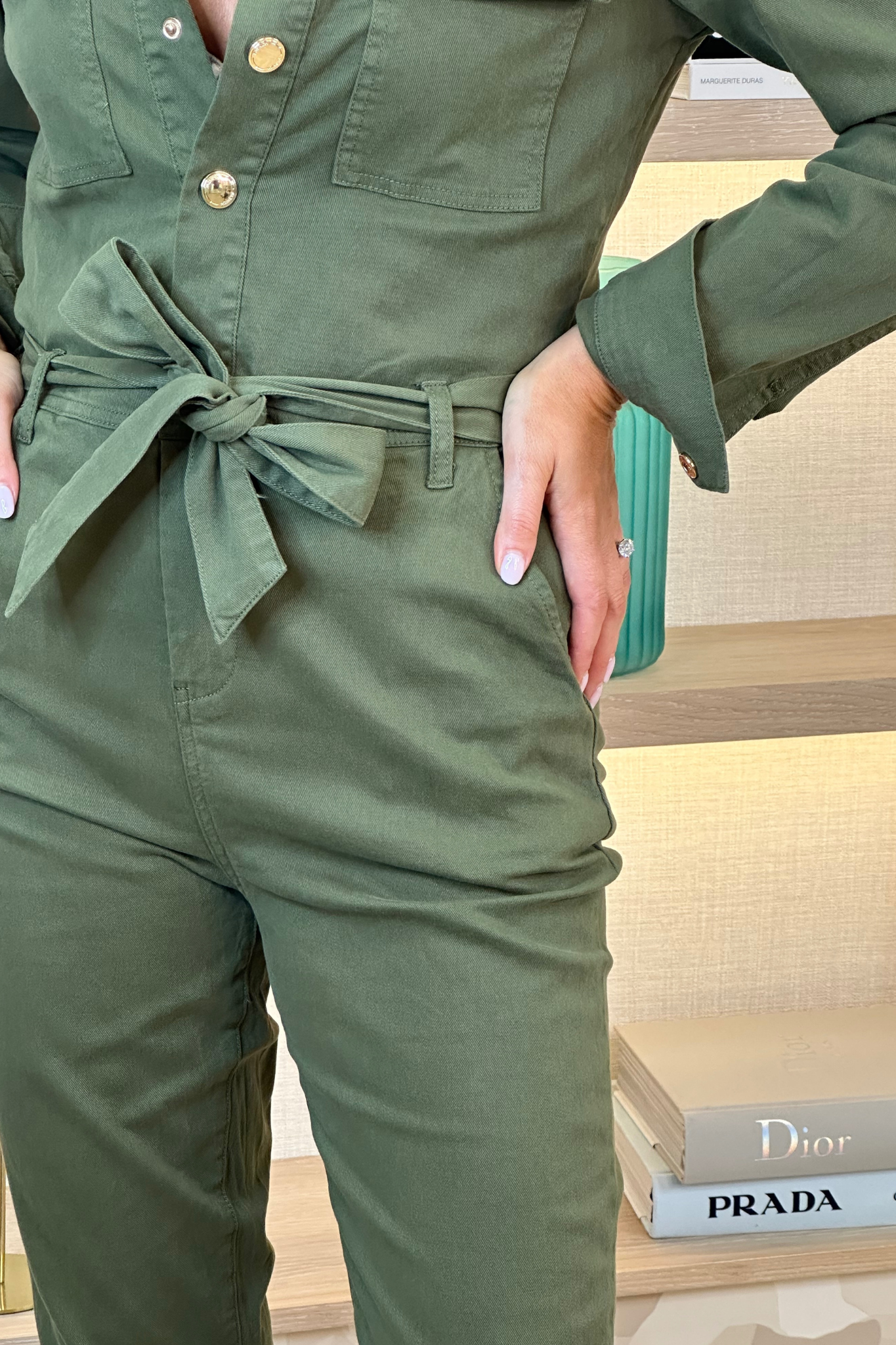 Cora Button Front Jumpsuit In Khaki