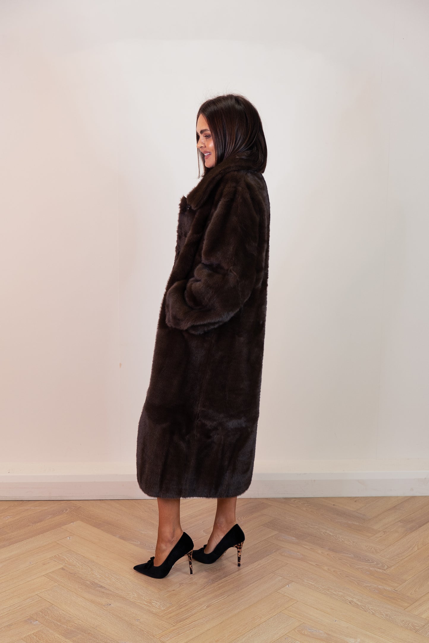Love Laura Longline Faux Fur Coat In Chocolate