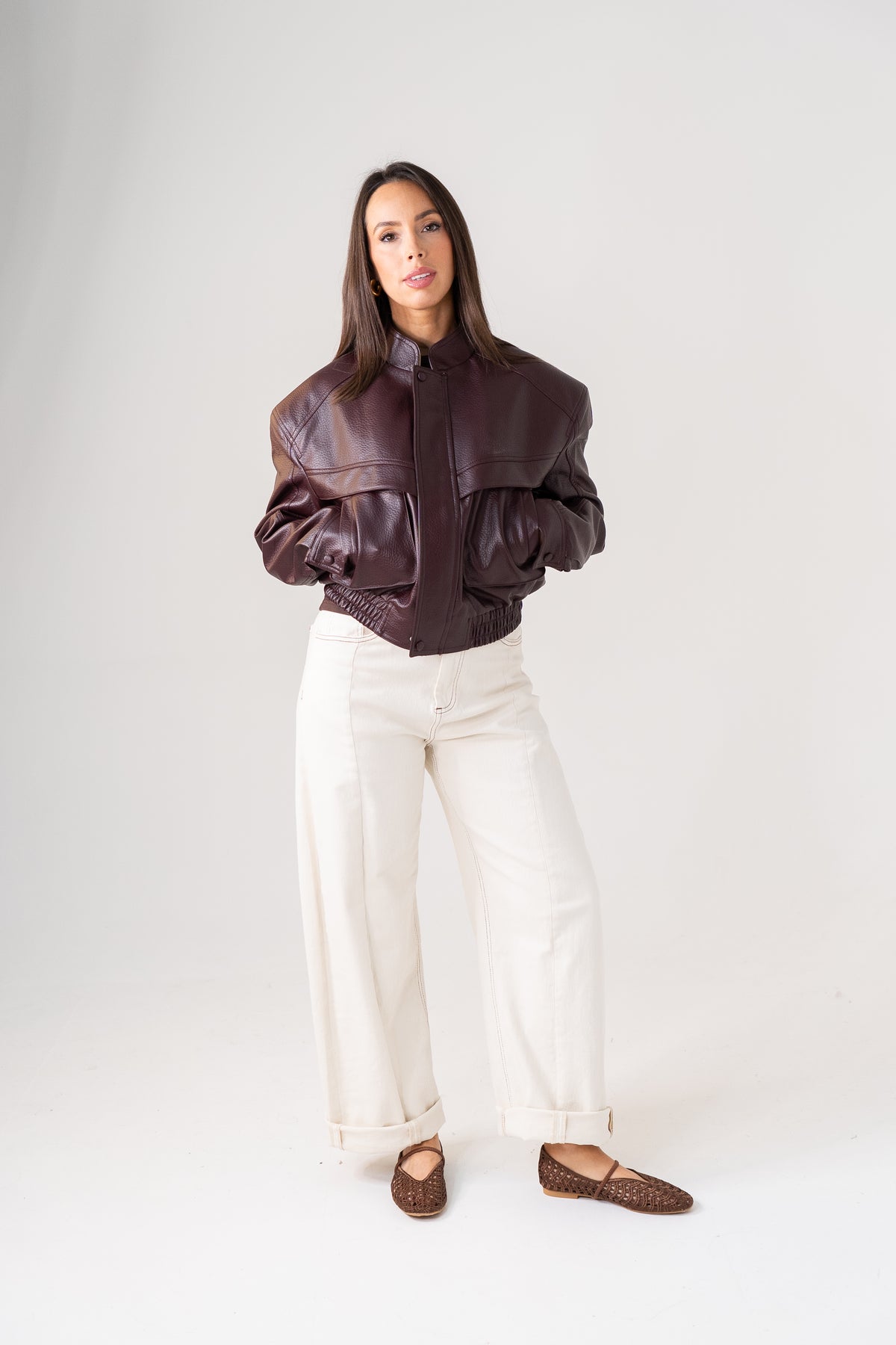 Caitlyn Faux Leather Bomber Jacket In Burgundy