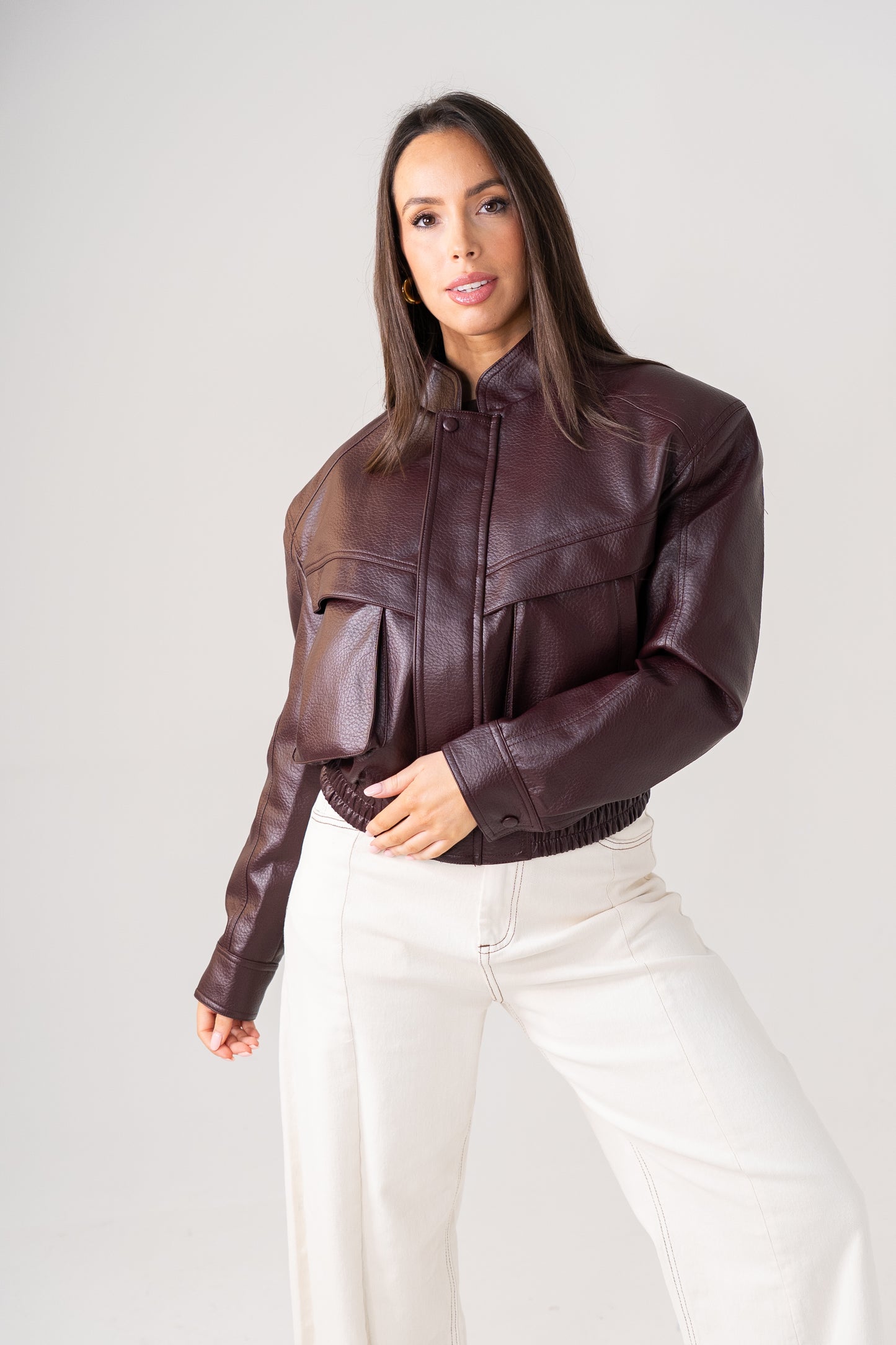 Caitlyn Faux Leather Bomber Jacket In Burgundy