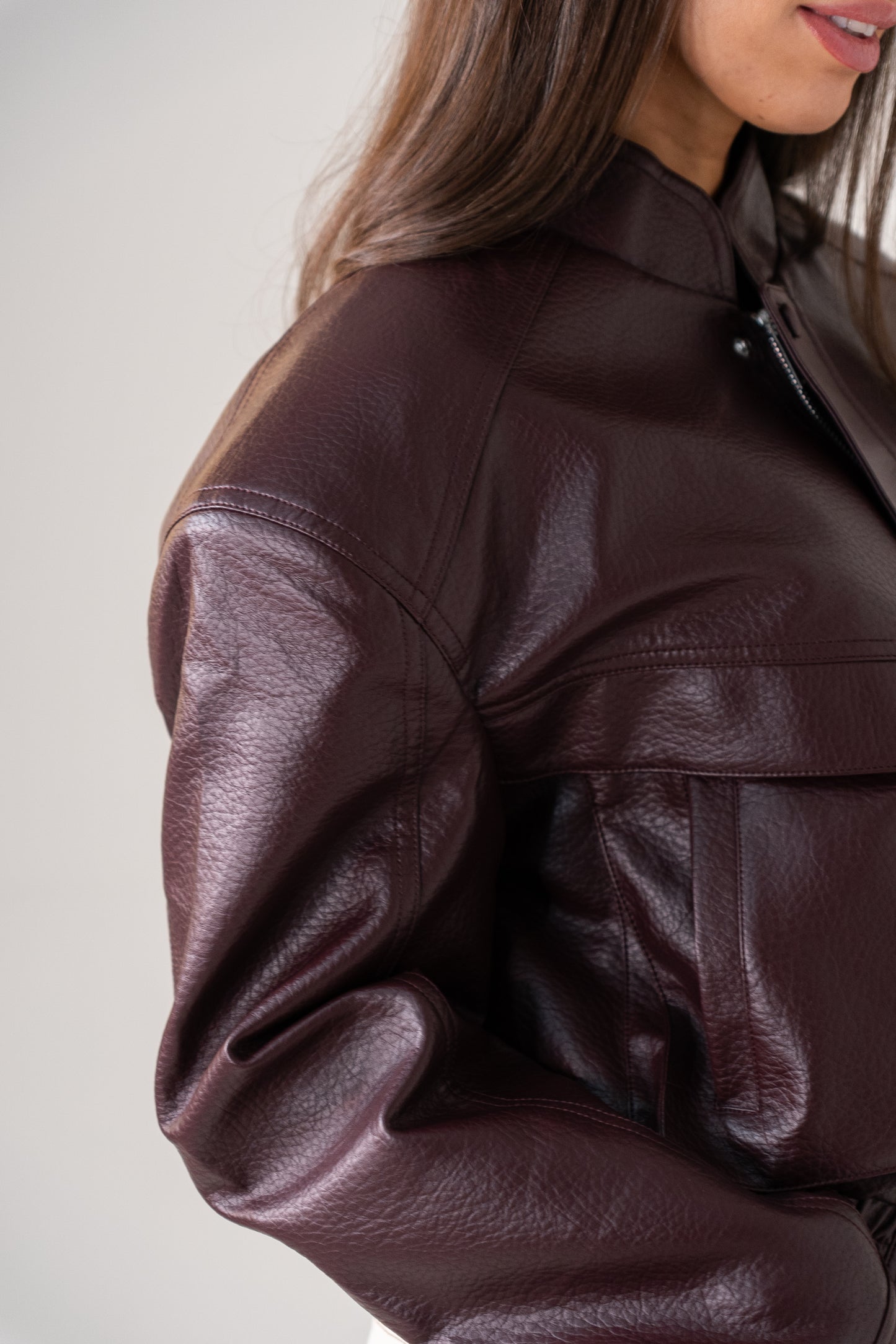 Caitlyn Faux Leather Bomber Jacket In Burgundy