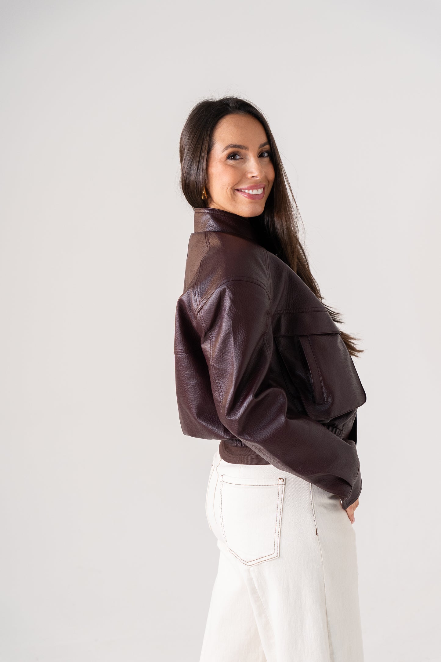 Caitlyn Faux Leather Bomber Jacket In Burgundy