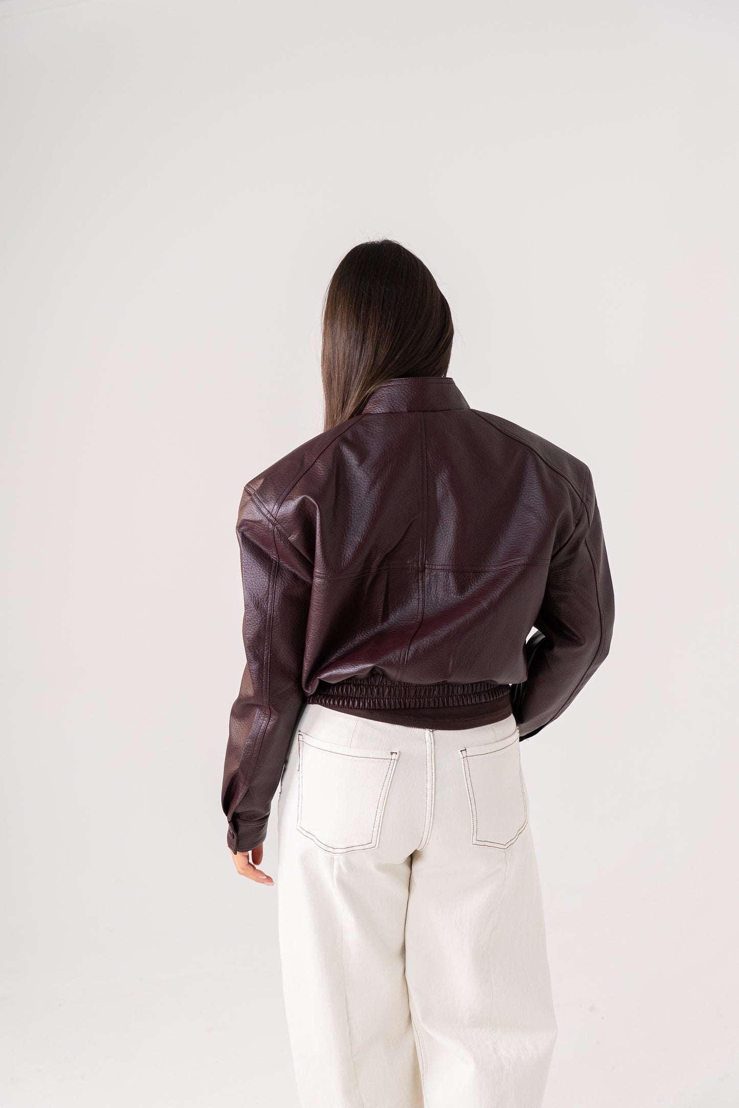 Caitlyn Faux Leather Bomber Jacket In Burgundy