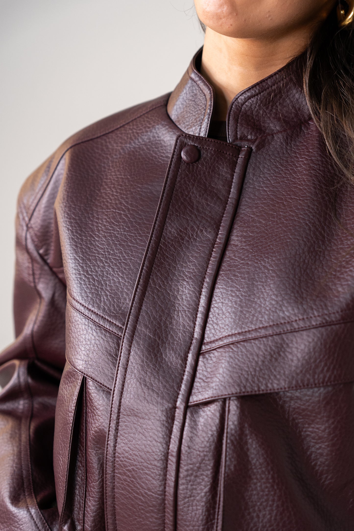 Caitlyn Faux Leather Bomber Jacket In Burgundy