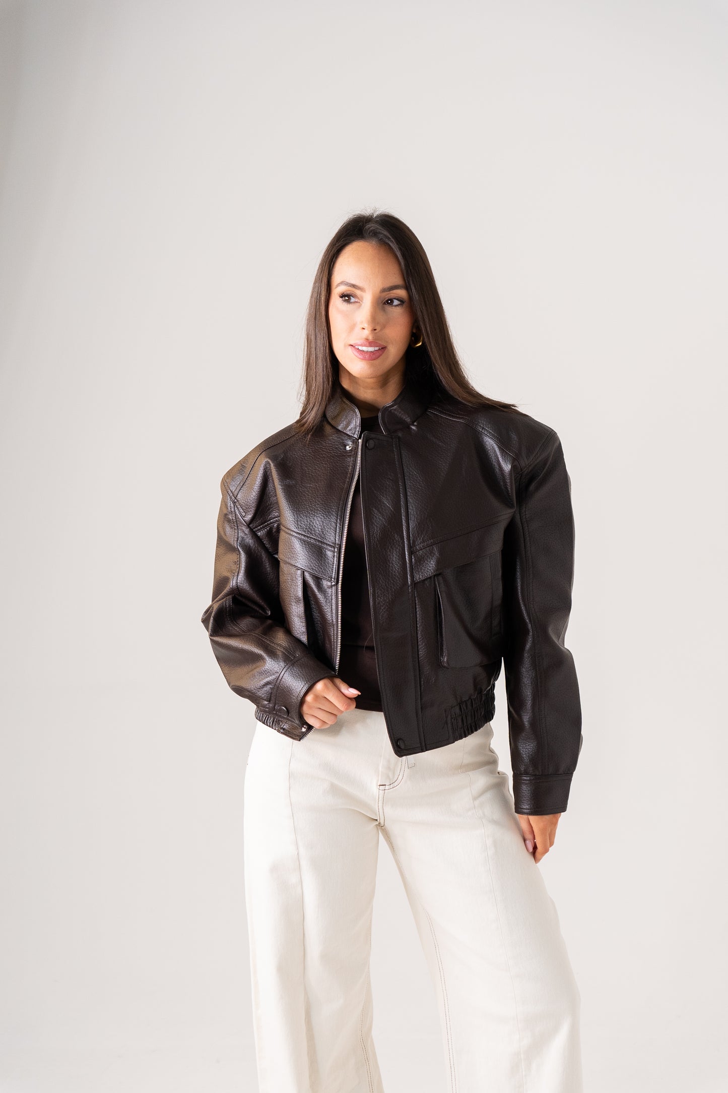 Caitlyn Faux Leather Bomber Jacket In Chocolate