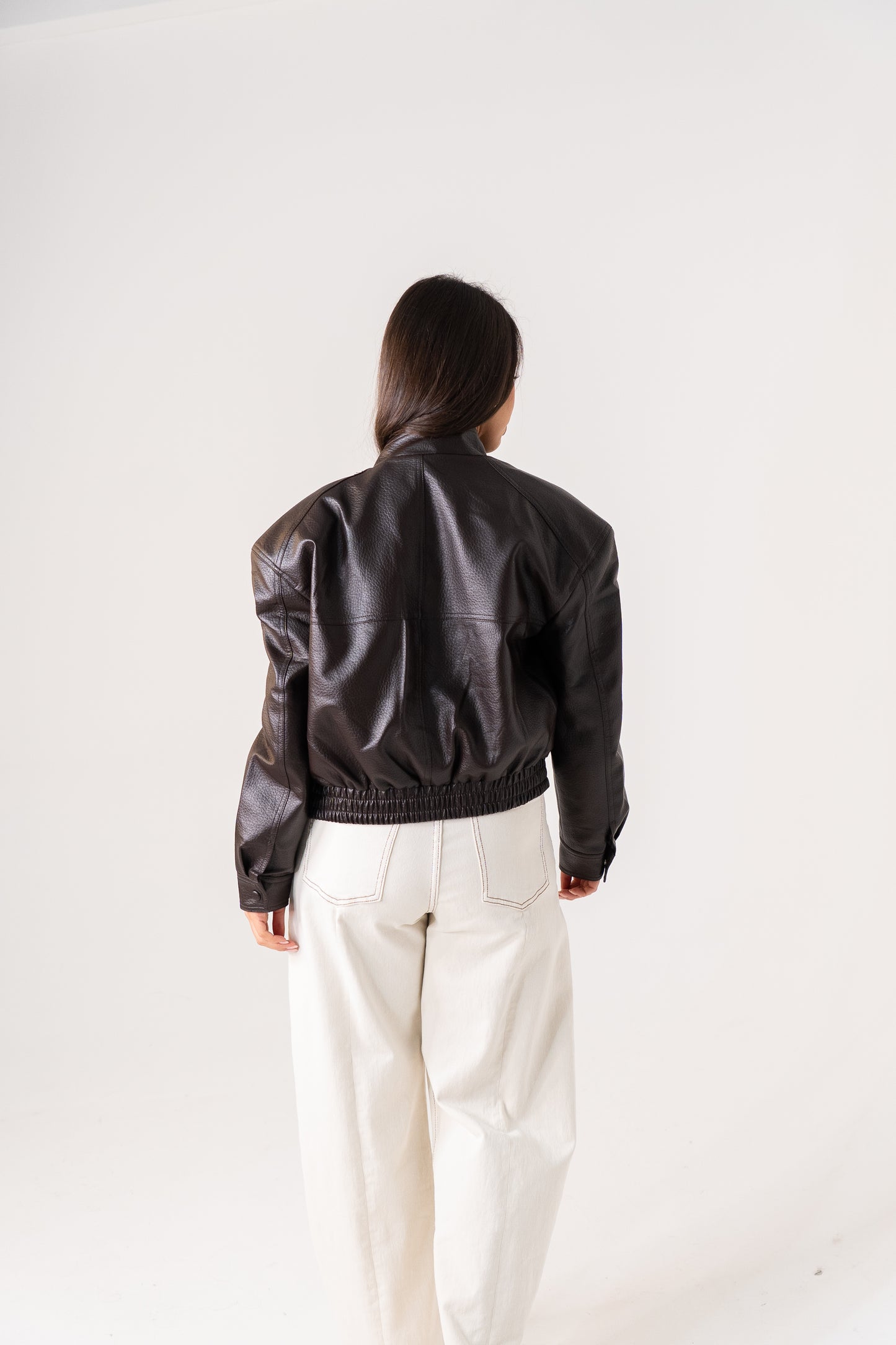 Caitlyn Faux Leather Bomber Jacket In Chocolate