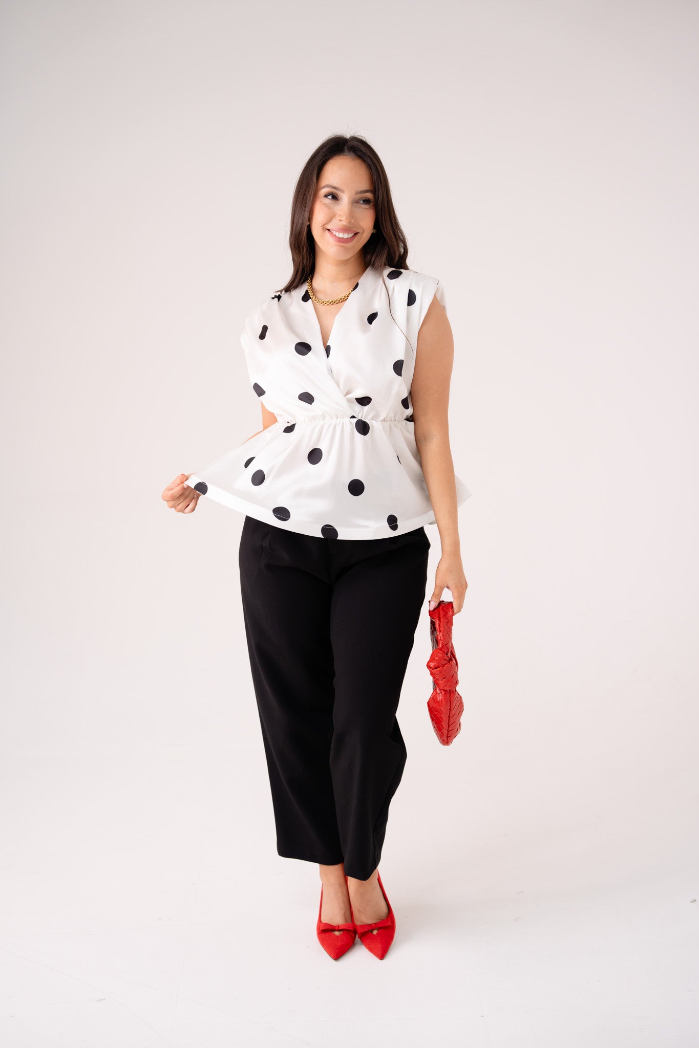 Caitlyn Polka Dot Peplum Top In Monochrome