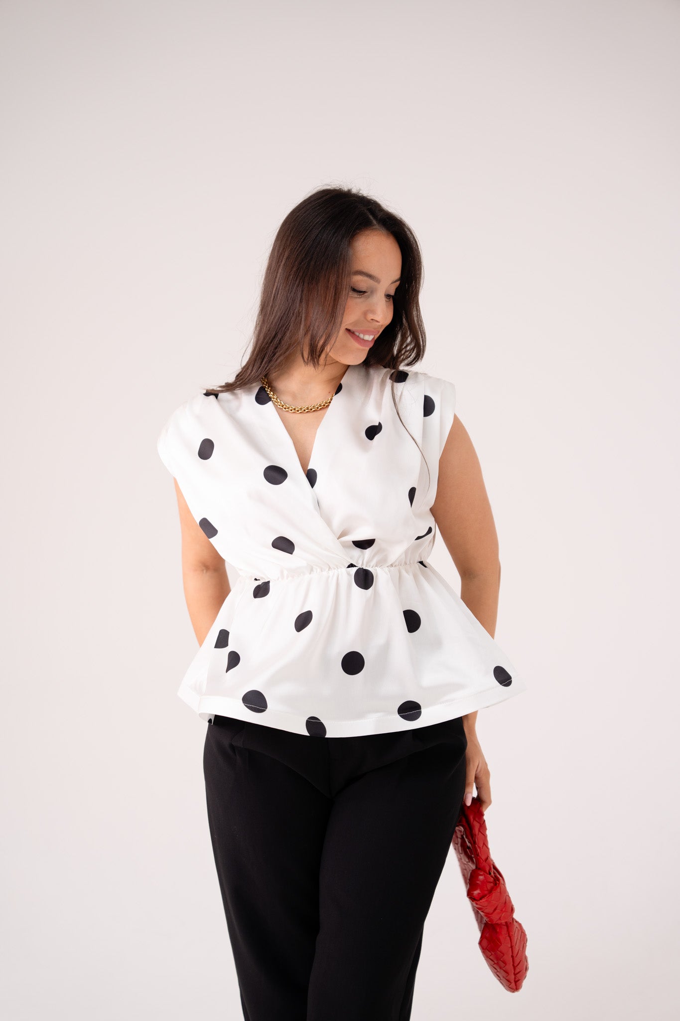 Caitlyn Polka Dot Peplum Top In Monochrome