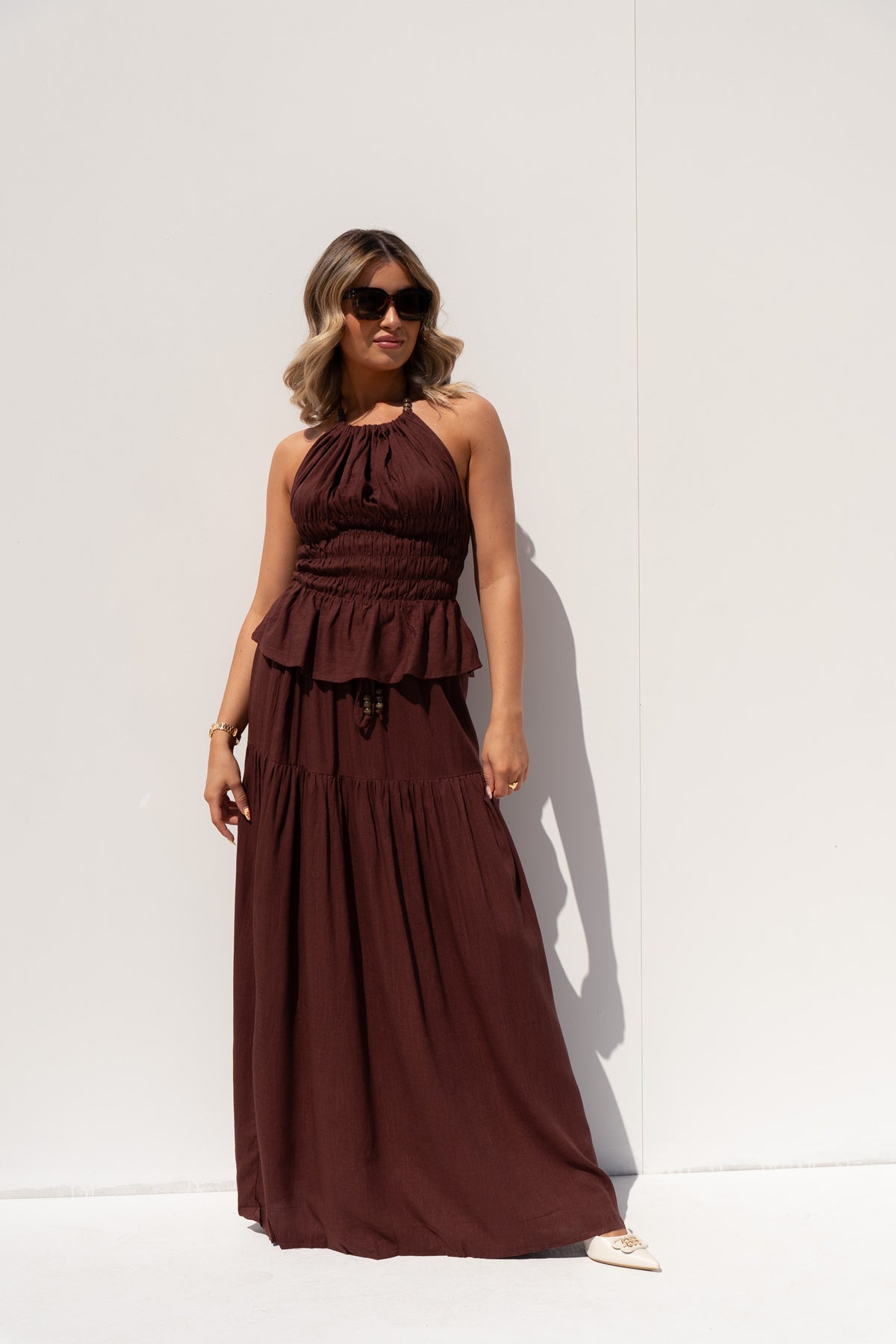 Caitlyn Linen Mix Two Piece In Chocolate