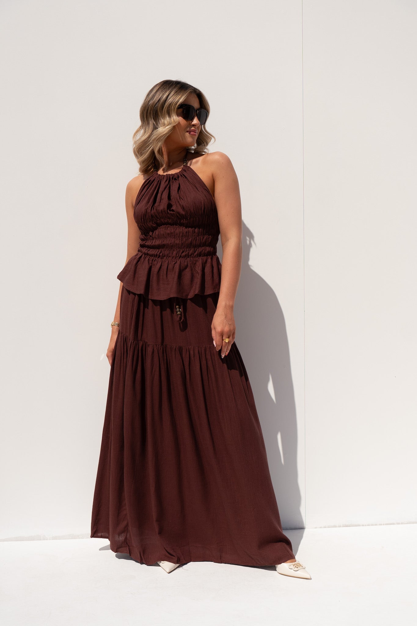 Caitlyn Linen Mix Two Piece In Chocolate