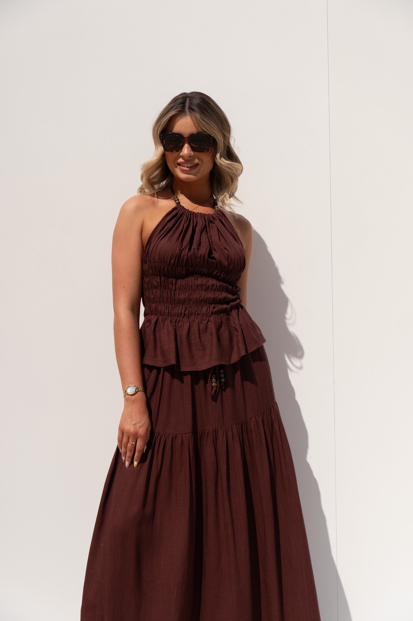 Caitlyn Linen Mix Two Piece In Chocolate