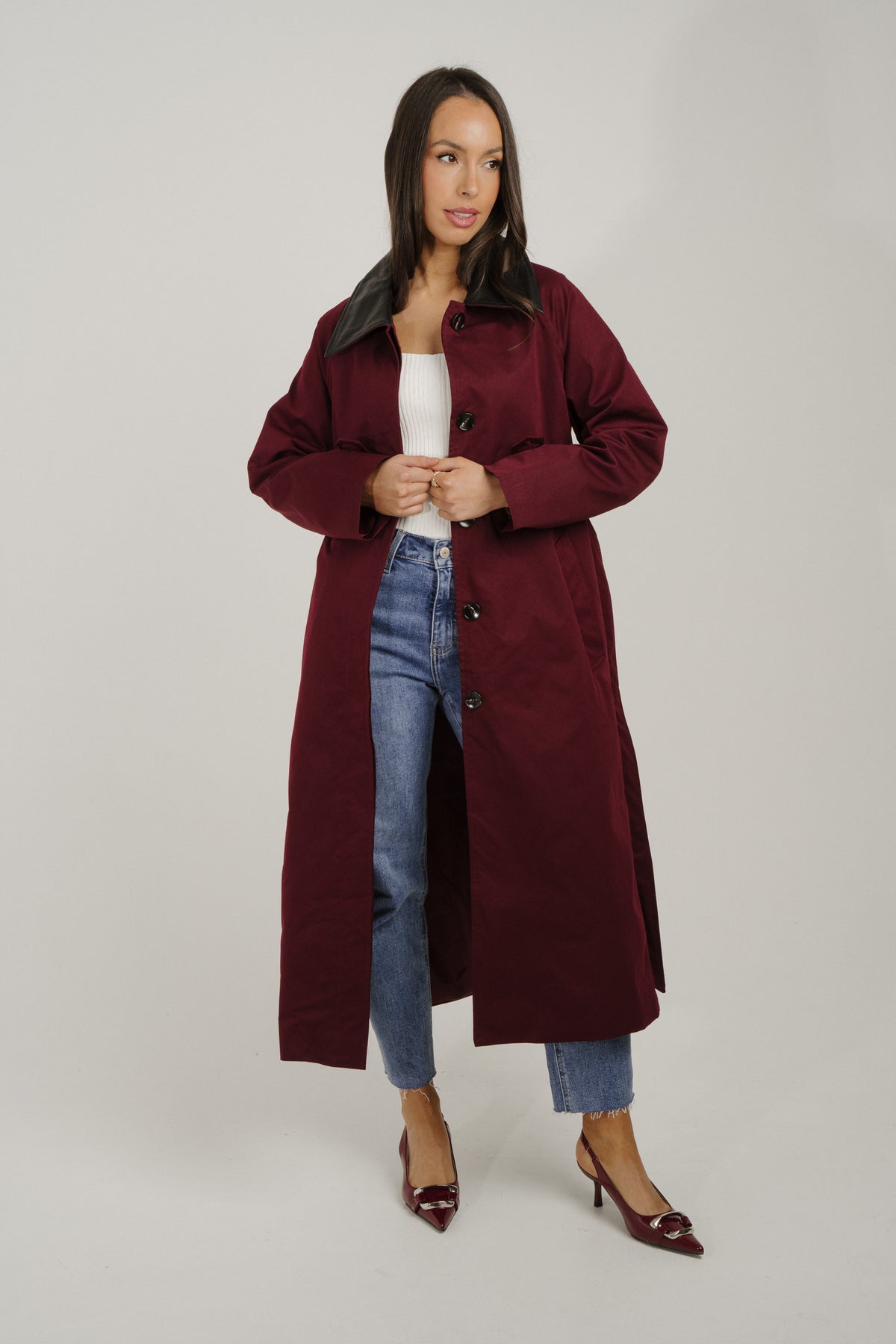 Caitlyn Longline Contrast Trench Coat In Wine