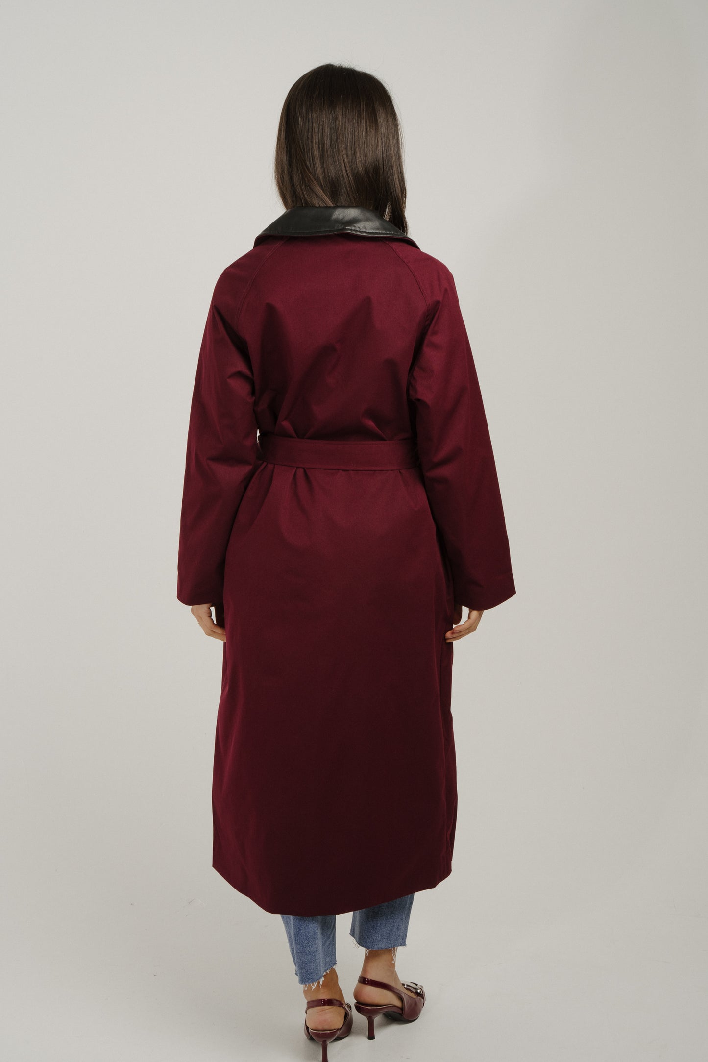 Caitlyn Longline Contrast Trench Coat In Wine