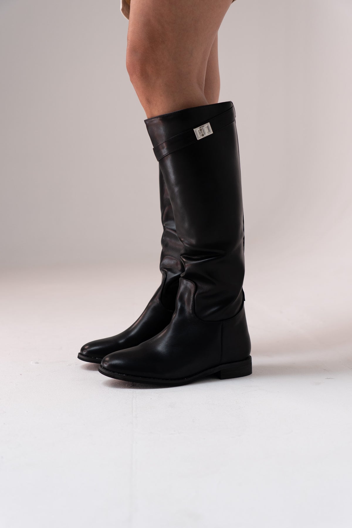 Cathy Faux Leather Flat Boot In Black