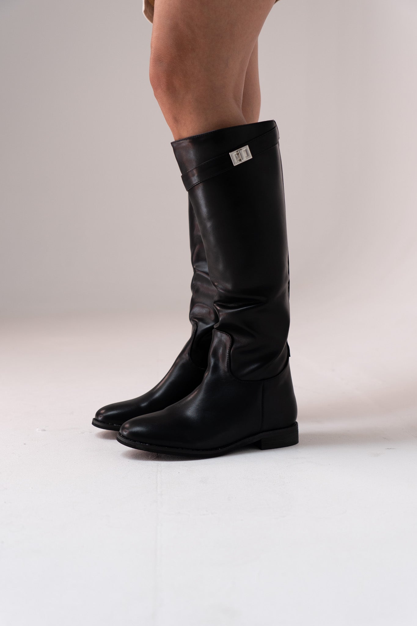 Cathy Faux Leather Flat Boot In Black