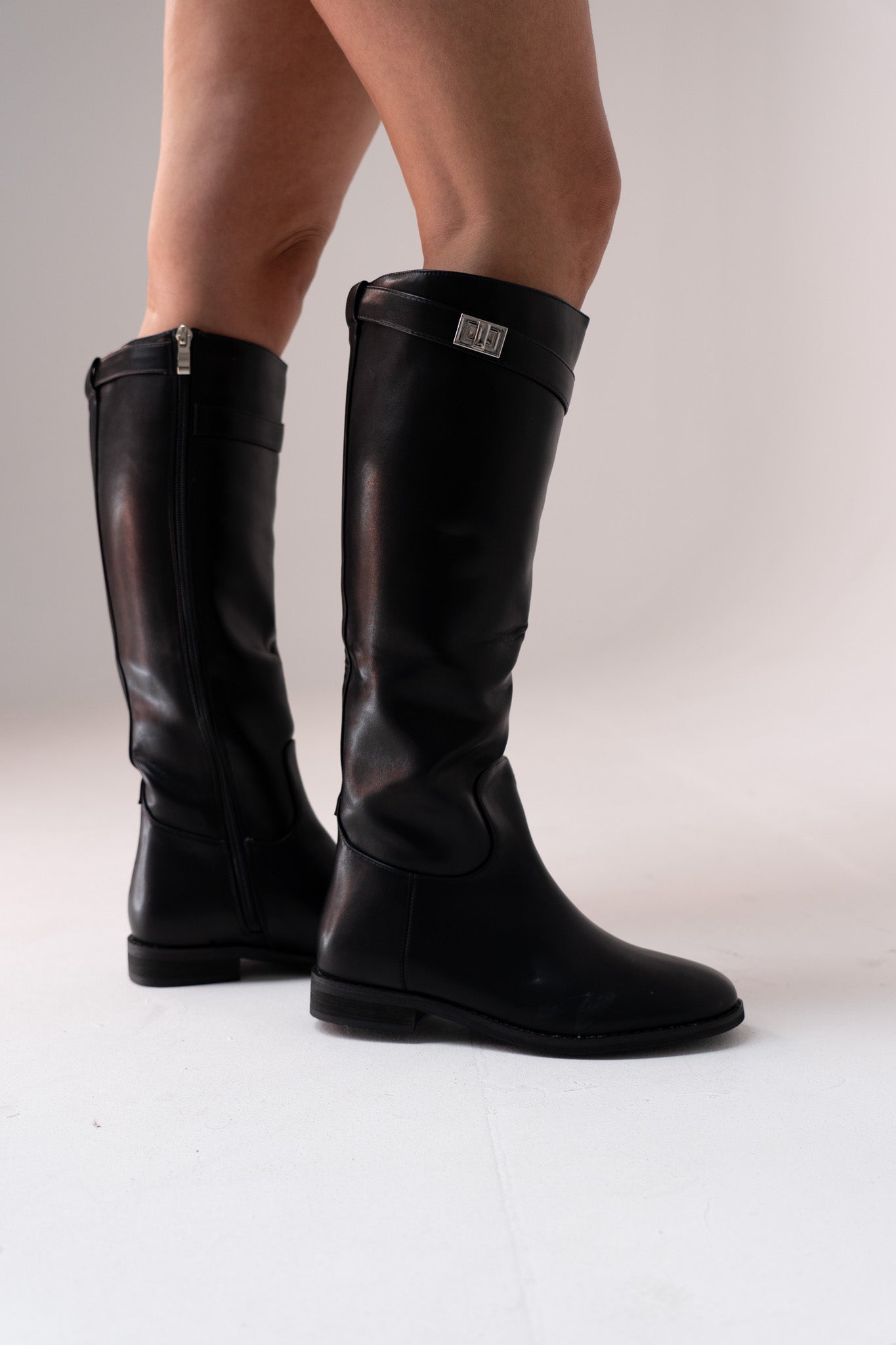 Cathy Faux Leather Flat Boot In Black