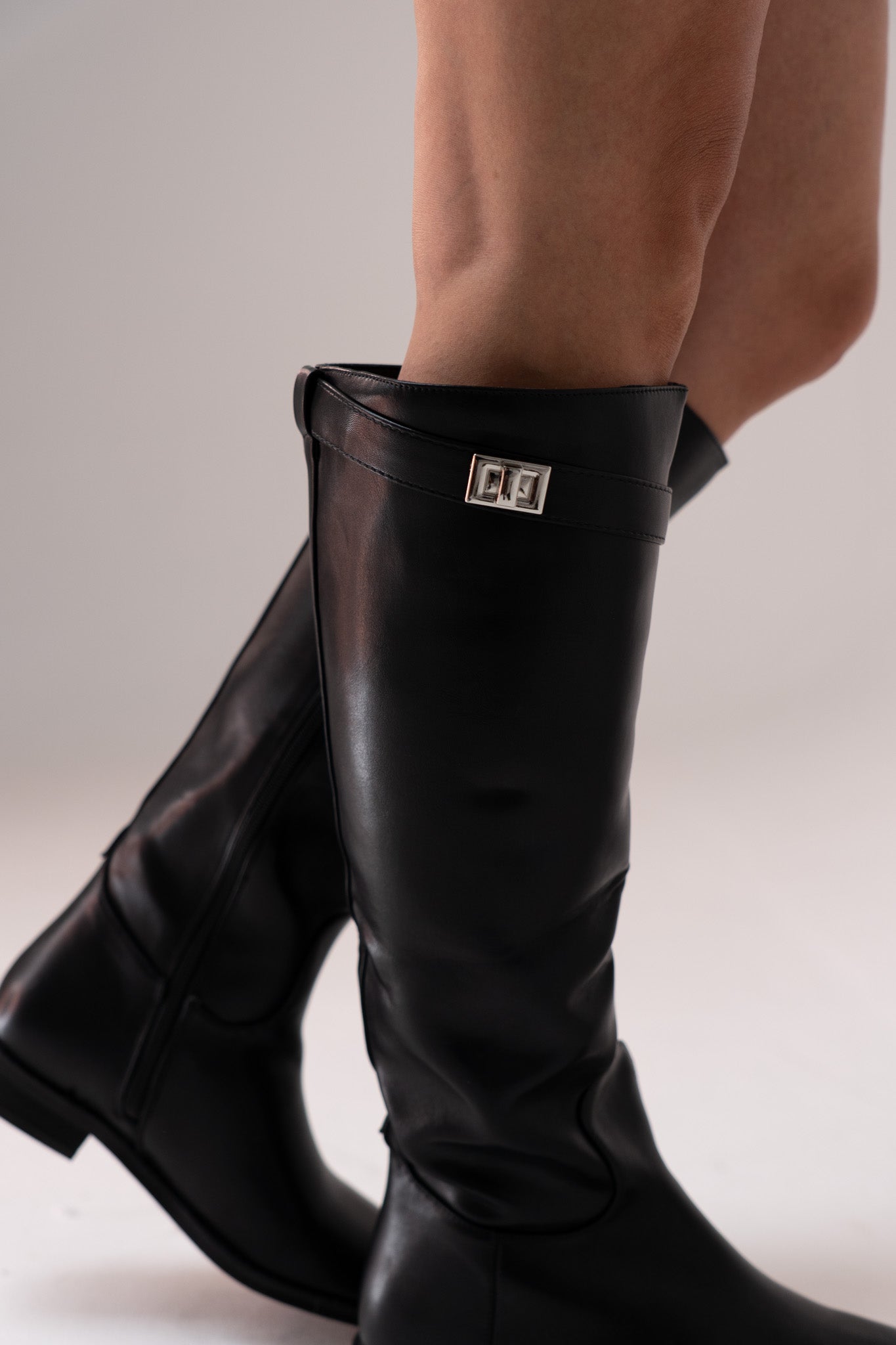 Cathy Faux Leather Flat Boot In Black