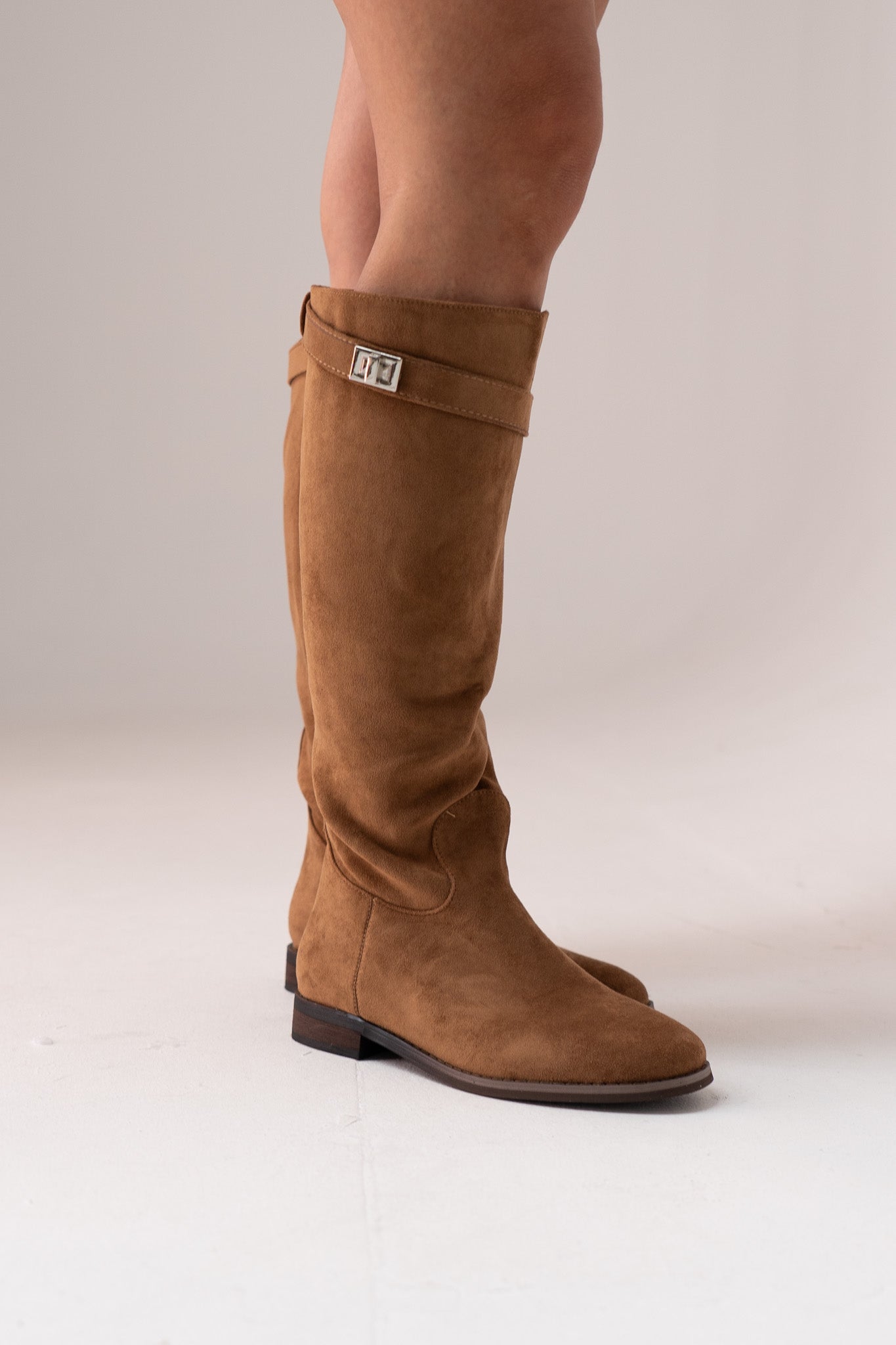 Cathy Faux Suede Flat Boot In Camel