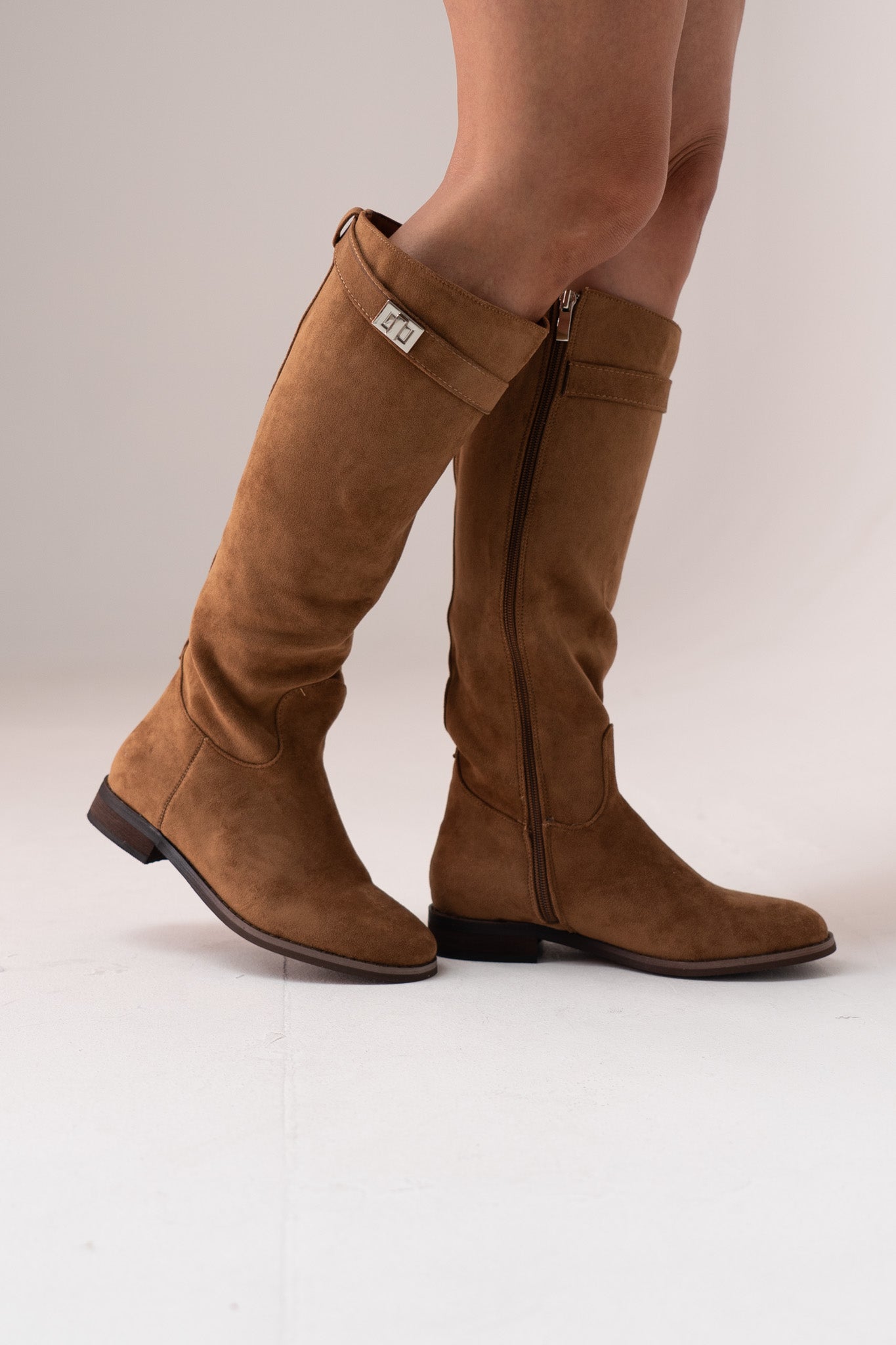 Cathy Faux Suede Flat Boot In Camel