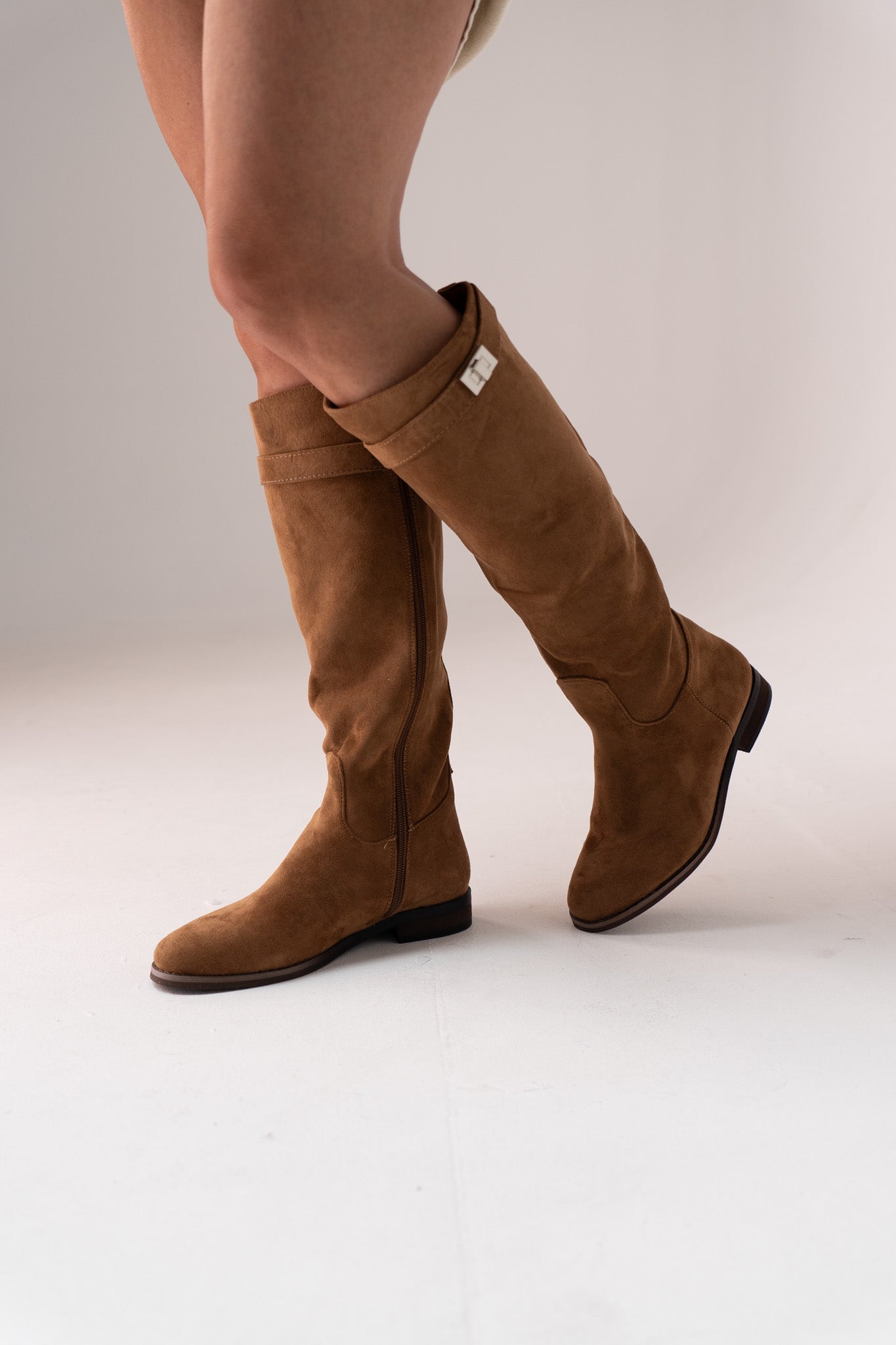 Cathy Faux Suede Flat Boot In Camel