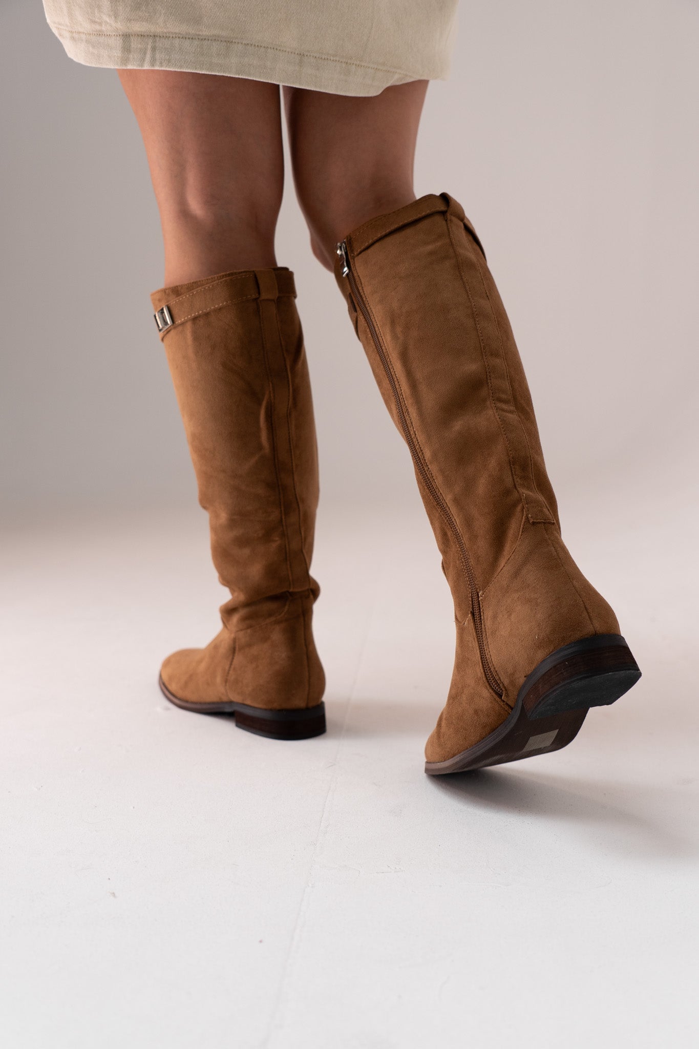 Cathy Faux Suede Flat Boot In Camel