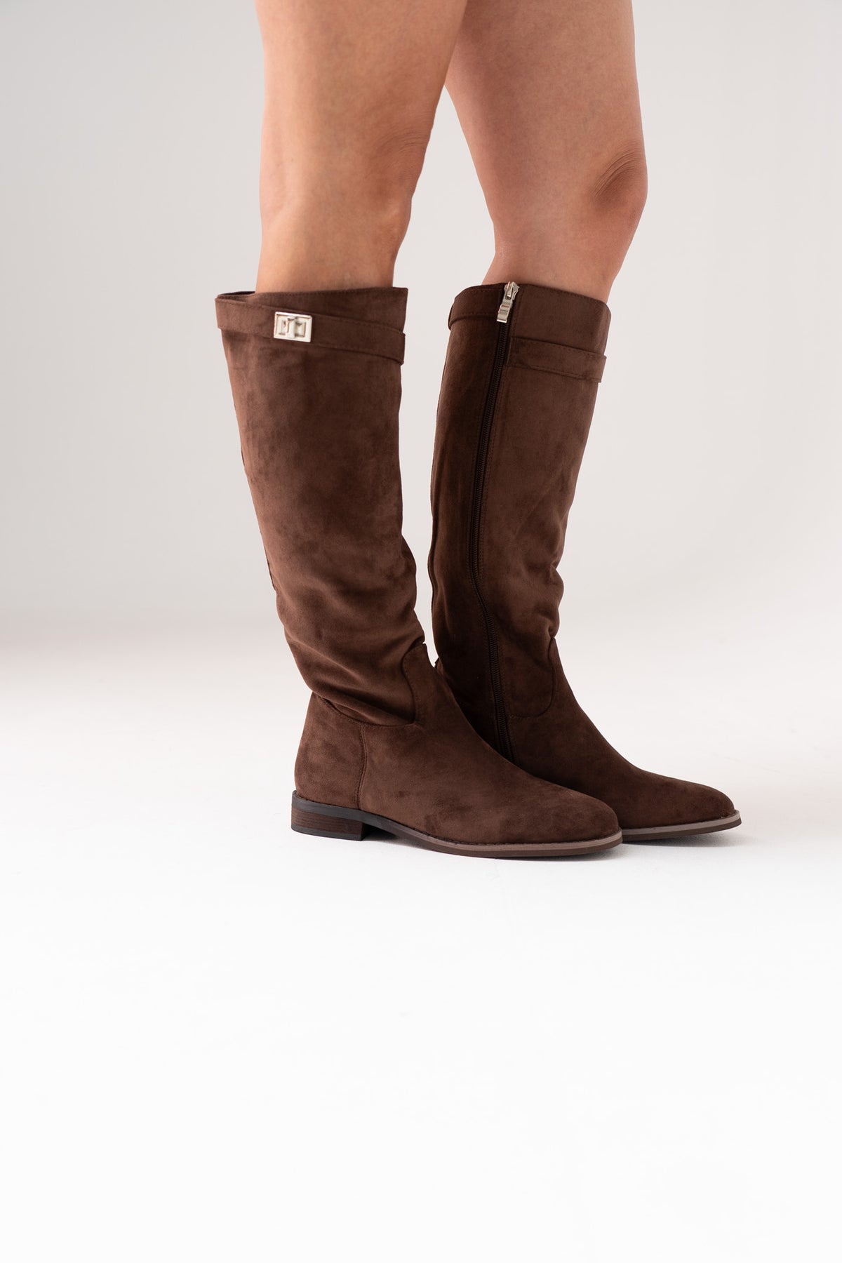 Cathy Faux Suede Flat Boot In Chocolate