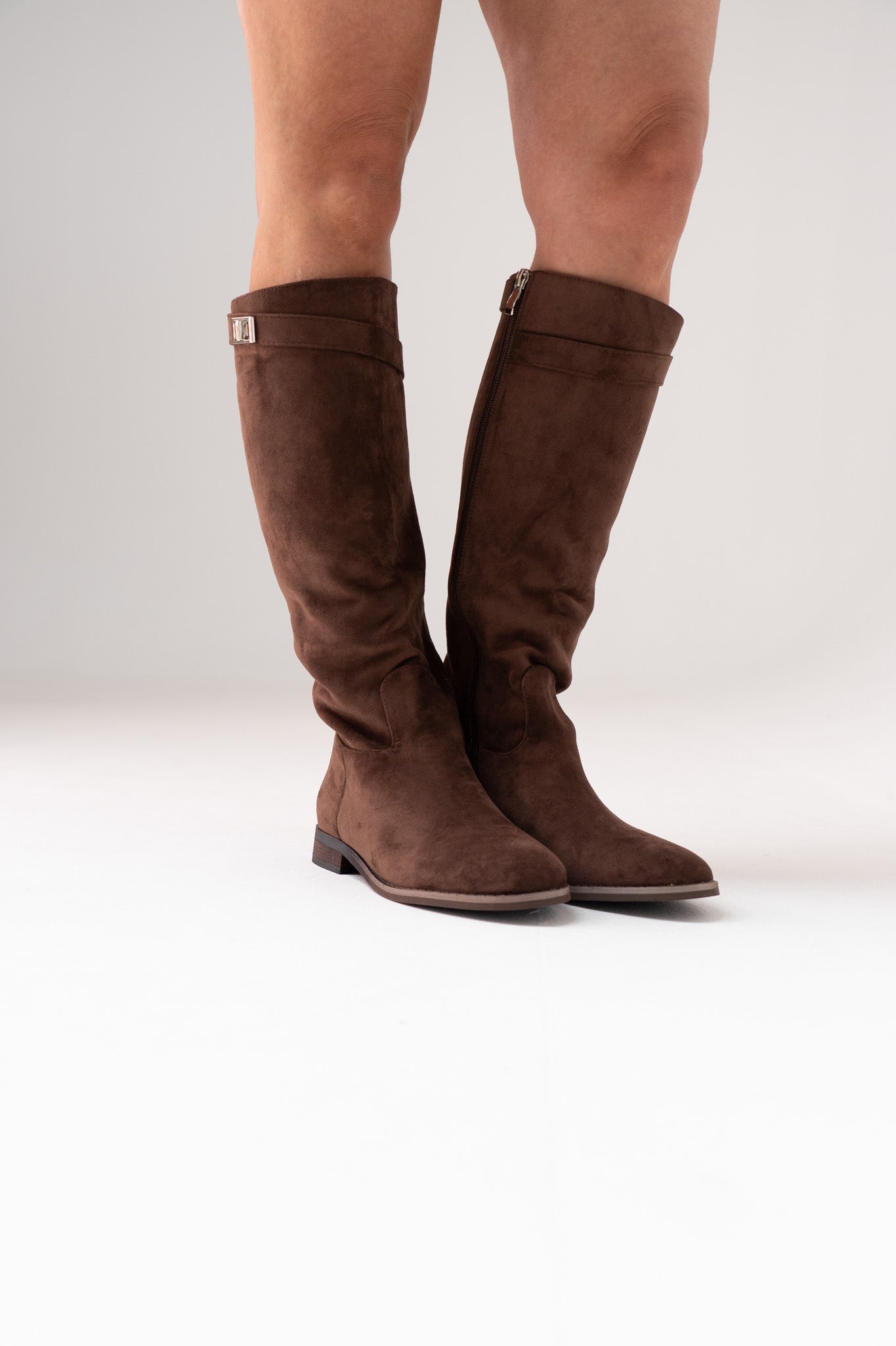 Cathy Faux Suede Flat Boot In Chocolate