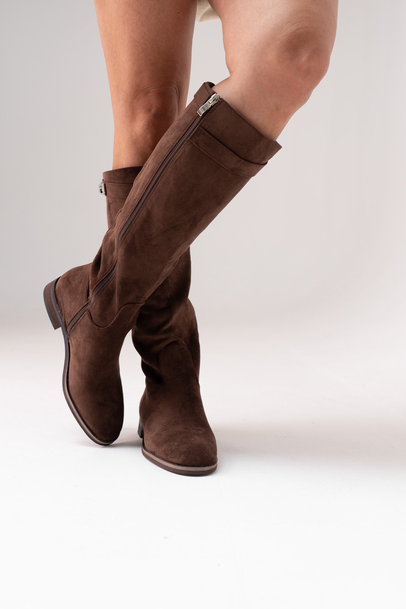 Cathy Faux Suede Flat Boot In Chocolate