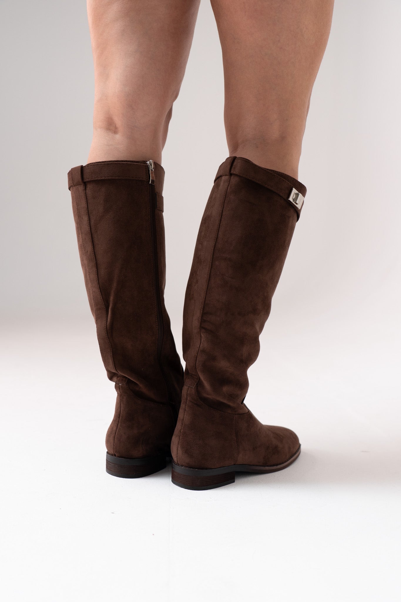 Cathy Faux Suede Flat Boot In Chocolate