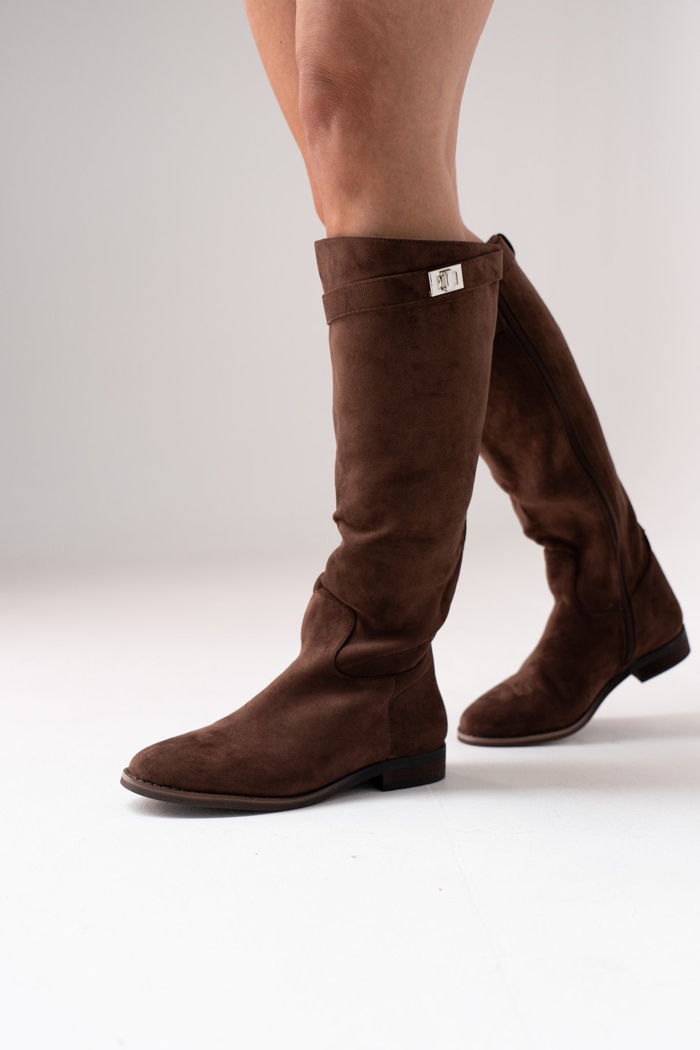 Cathy Faux Suede Flat Boot In Chocolate