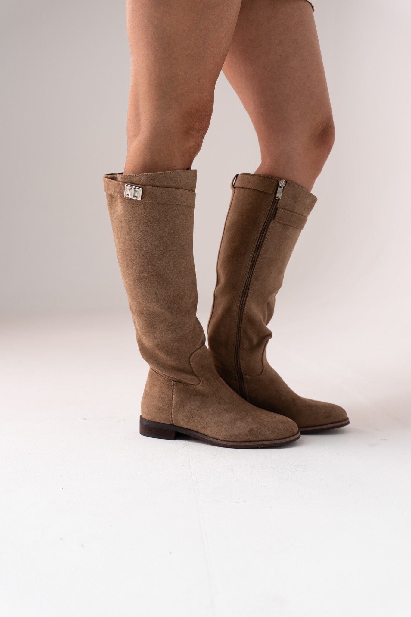 Cathy Faux Suede Flat Boot In Taupe
