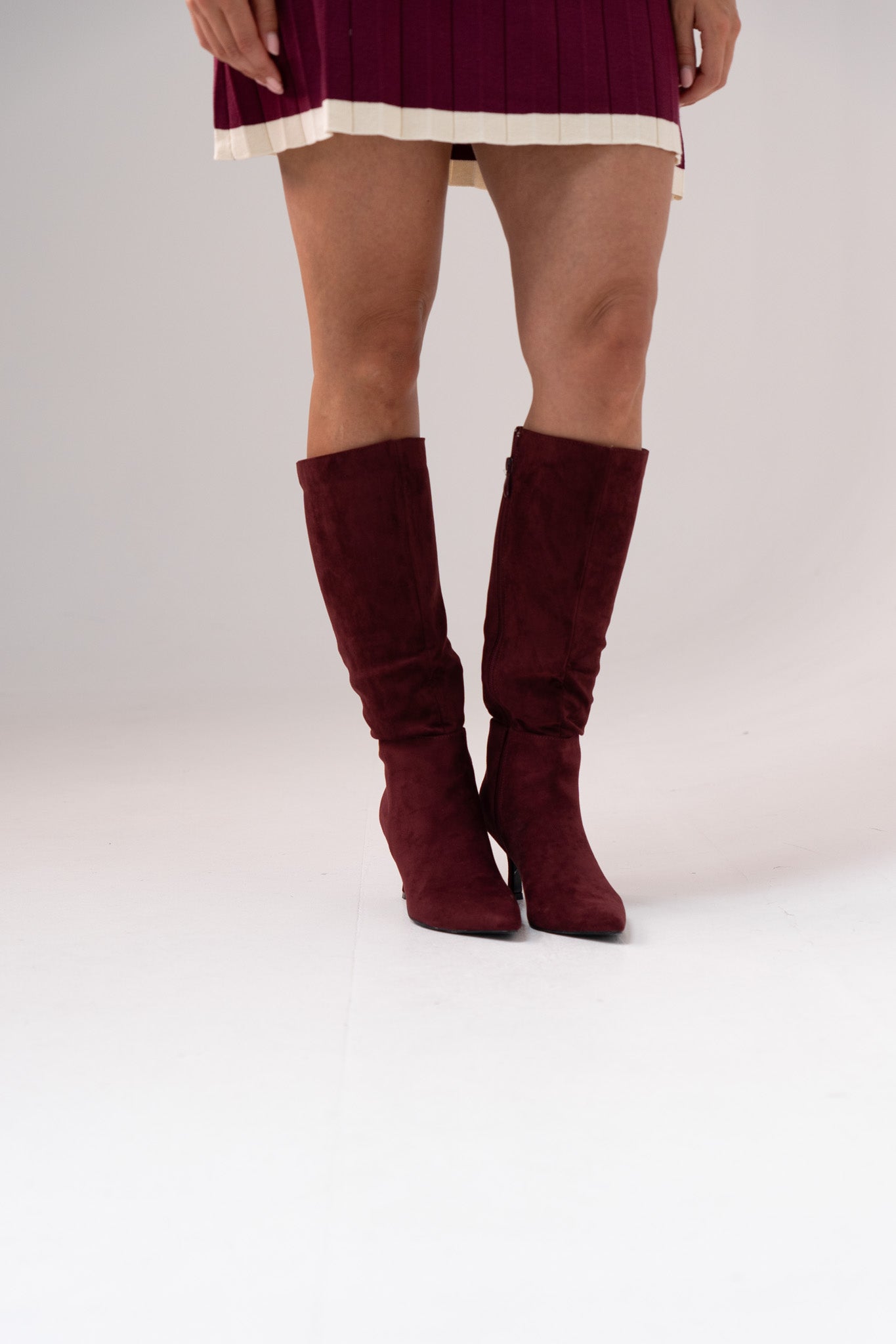 Cathy Faux Suede Heeled Boot In Bordeaux