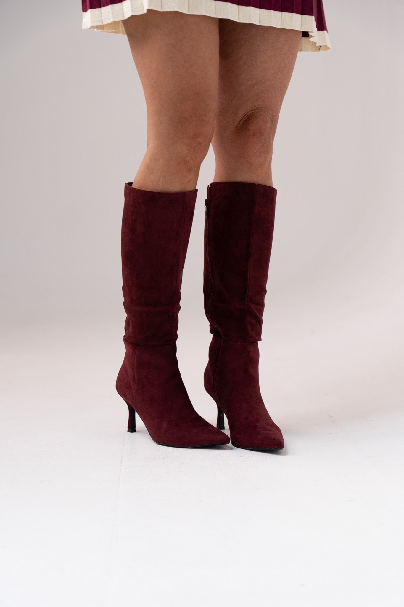 Cathy Faux Suede Heeled Boot In Bordeaux