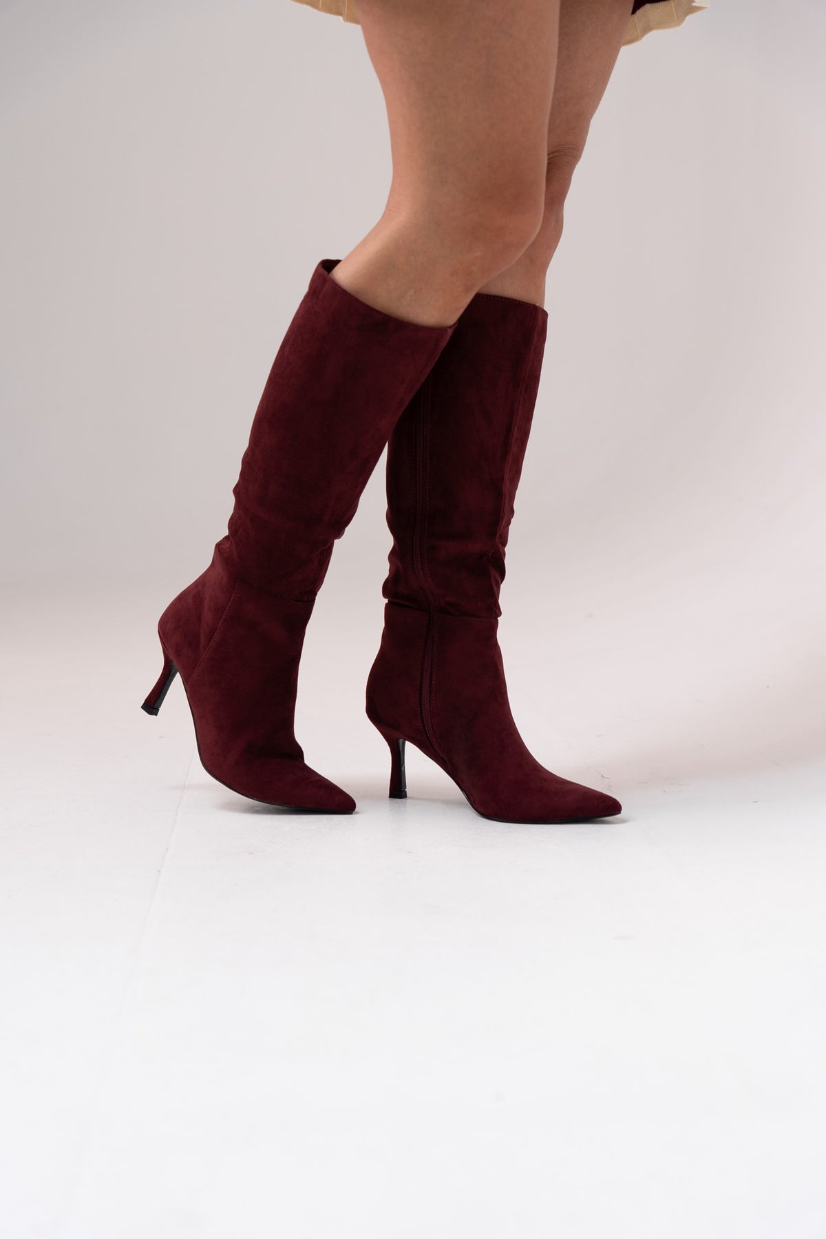 Cathy Faux Suede Heeled Boot In Bordeaux