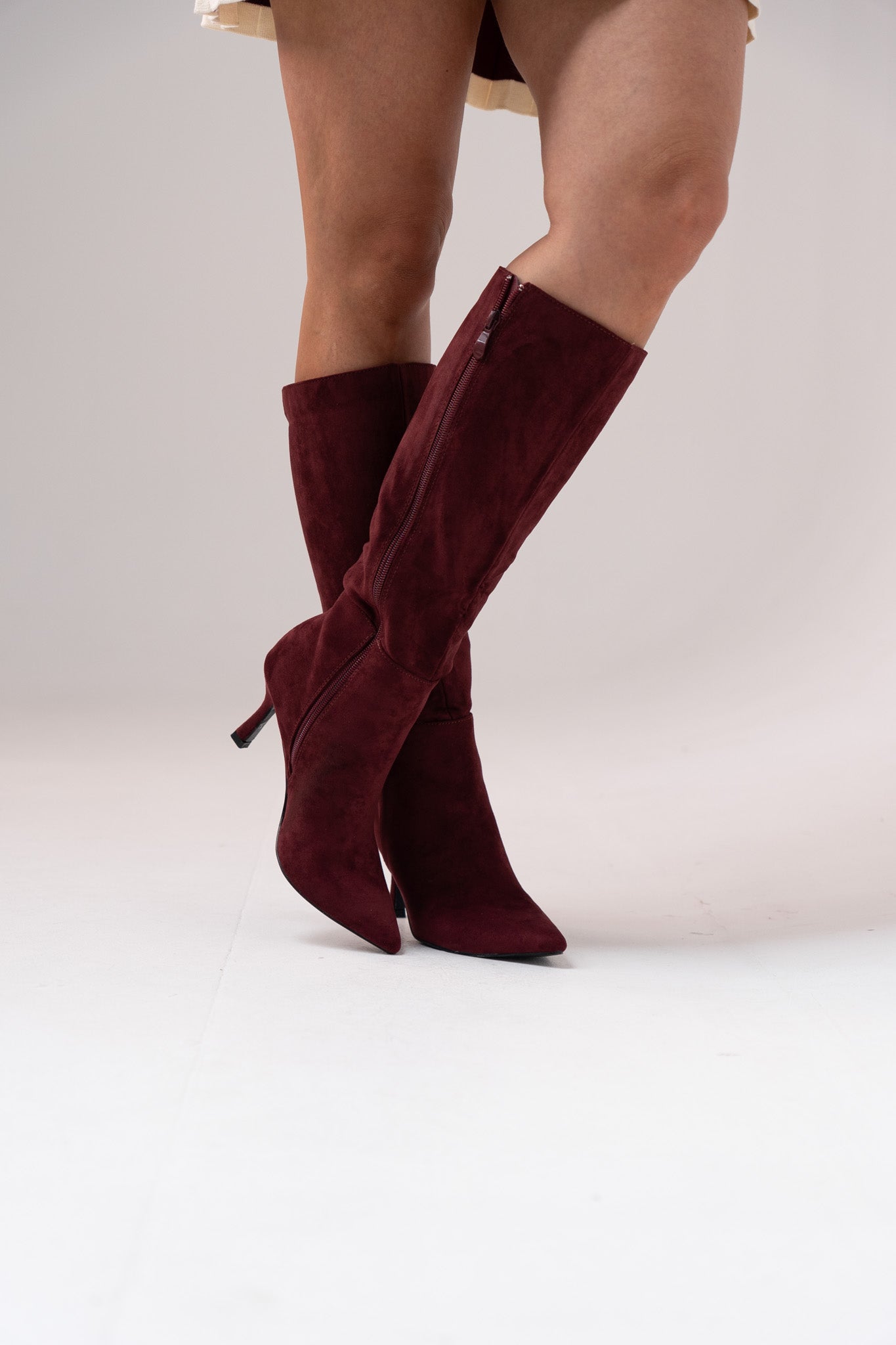 Cathy Faux Suede Heeled Boot In Bordeaux
