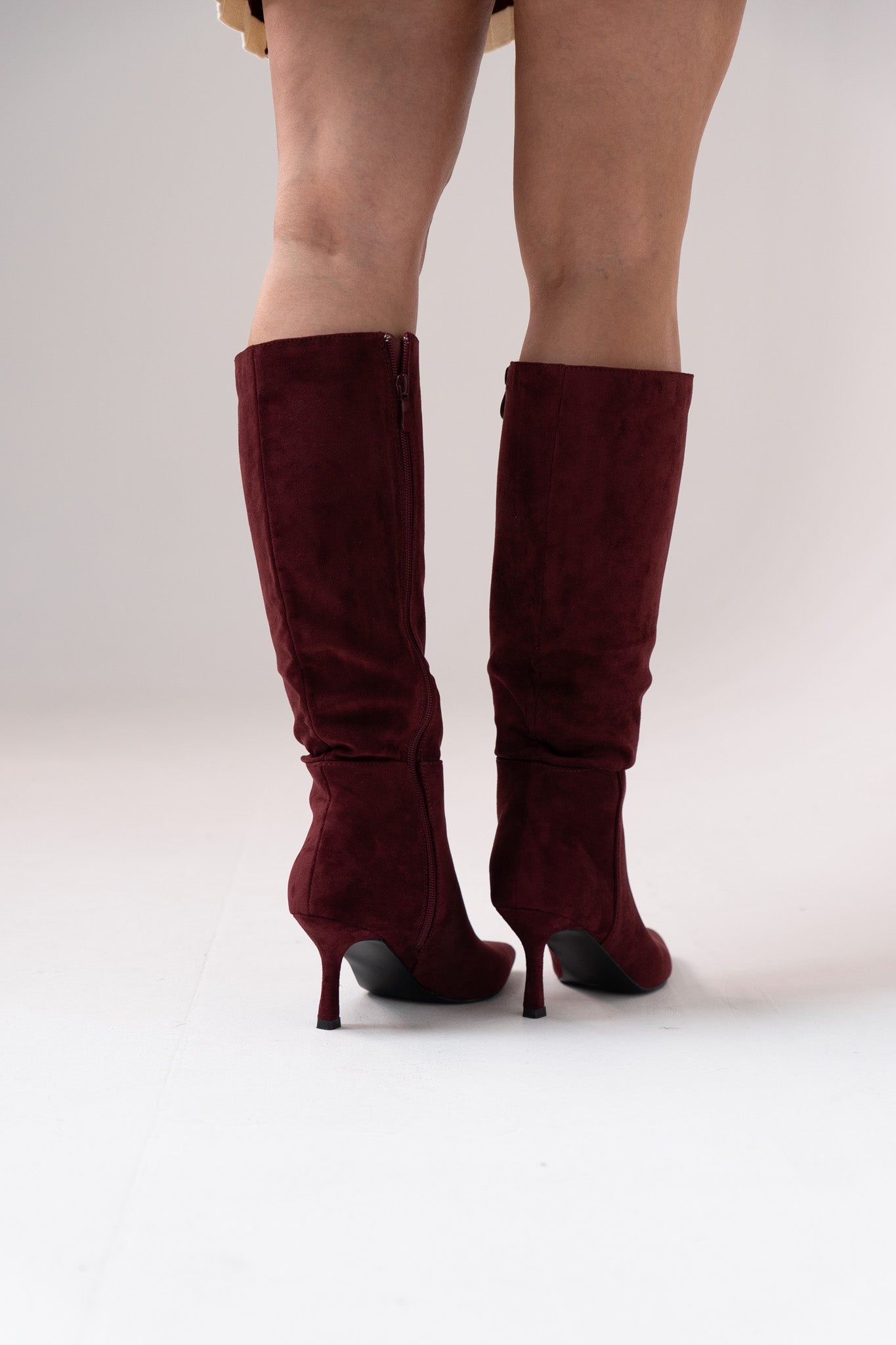 Cathy Faux Suede Heeled Boot In Bordeaux