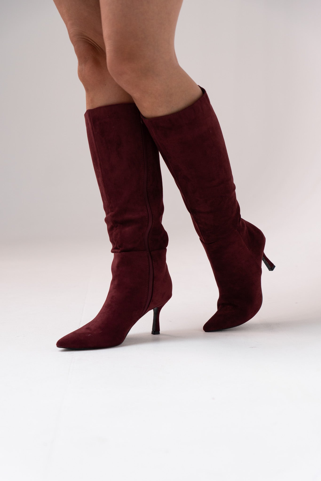 Cathy Faux Suede Heeled Boot In Bordeaux