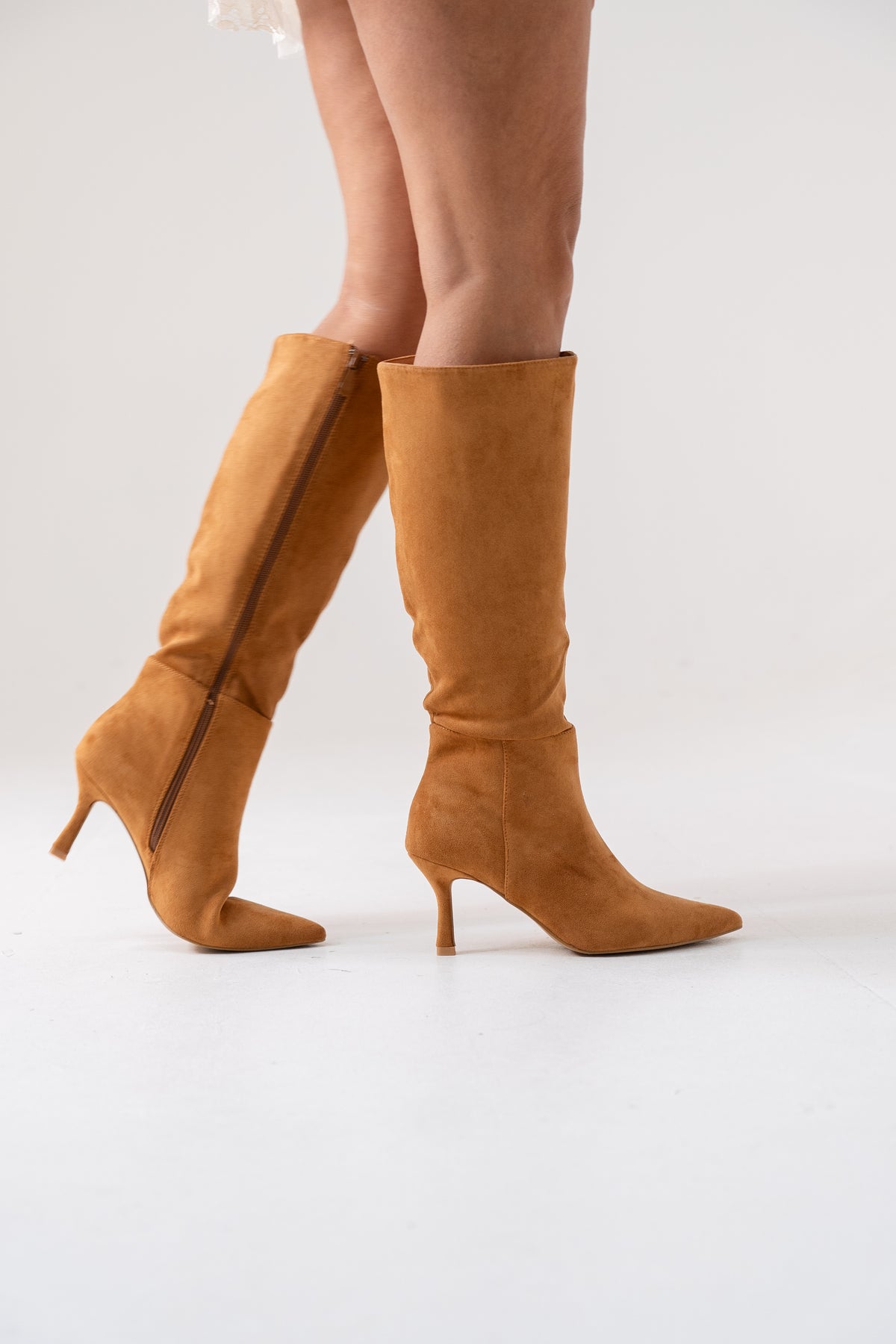 Cathy Faux Suede Heeled Boot In Camel