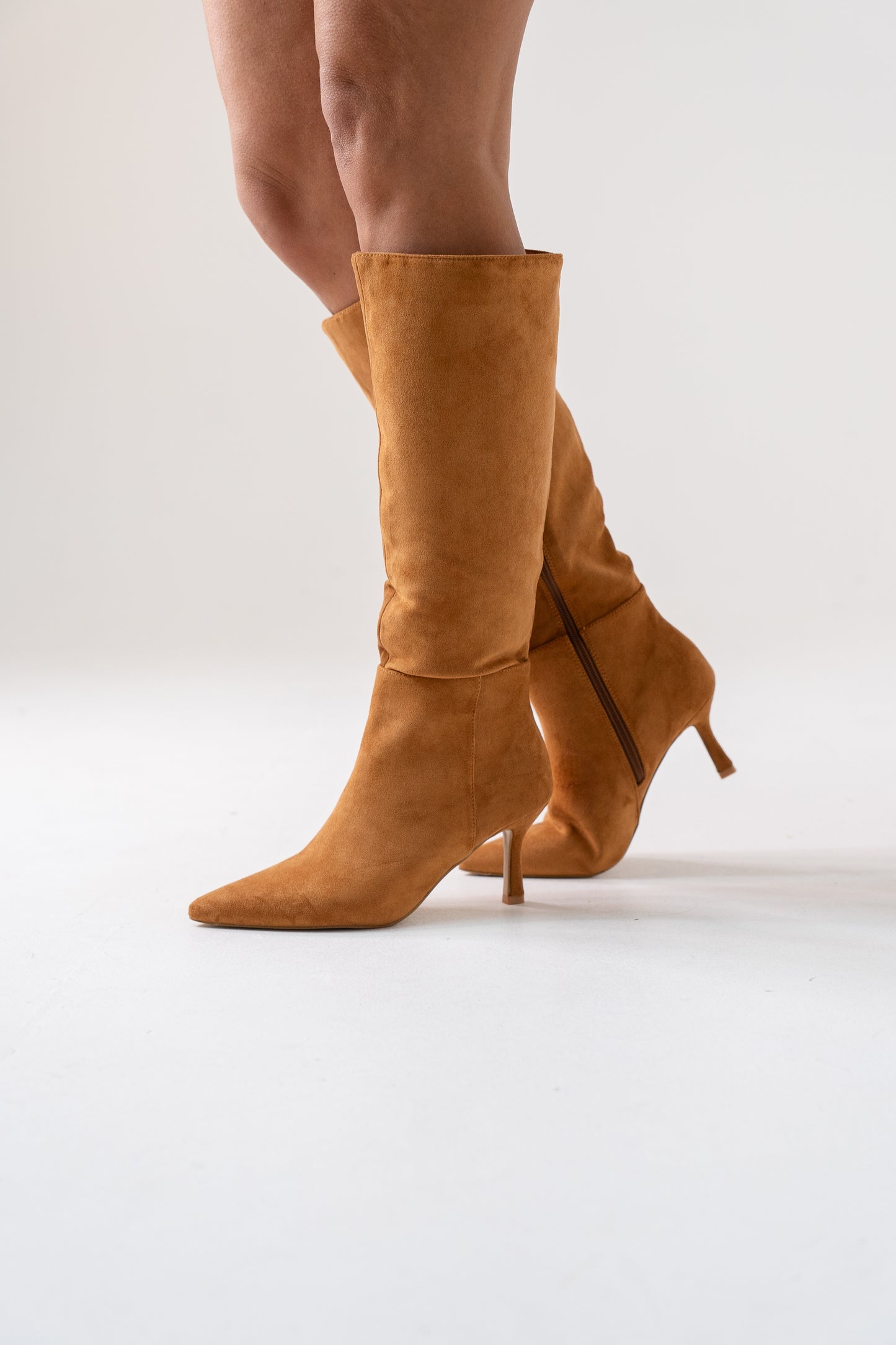 Cathy Faux Suede Heeled Boot In Camel