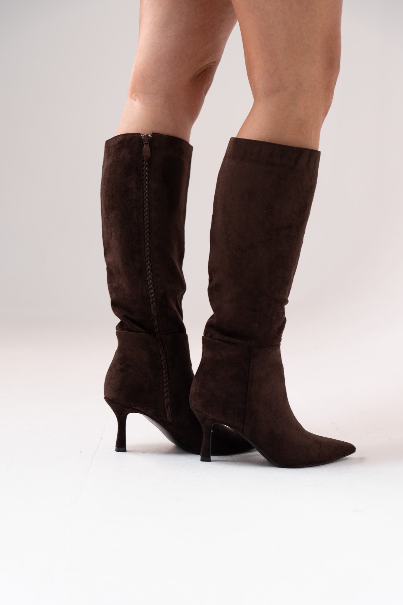 Cathy Faux Suede Heeled Boot In Chocolate
