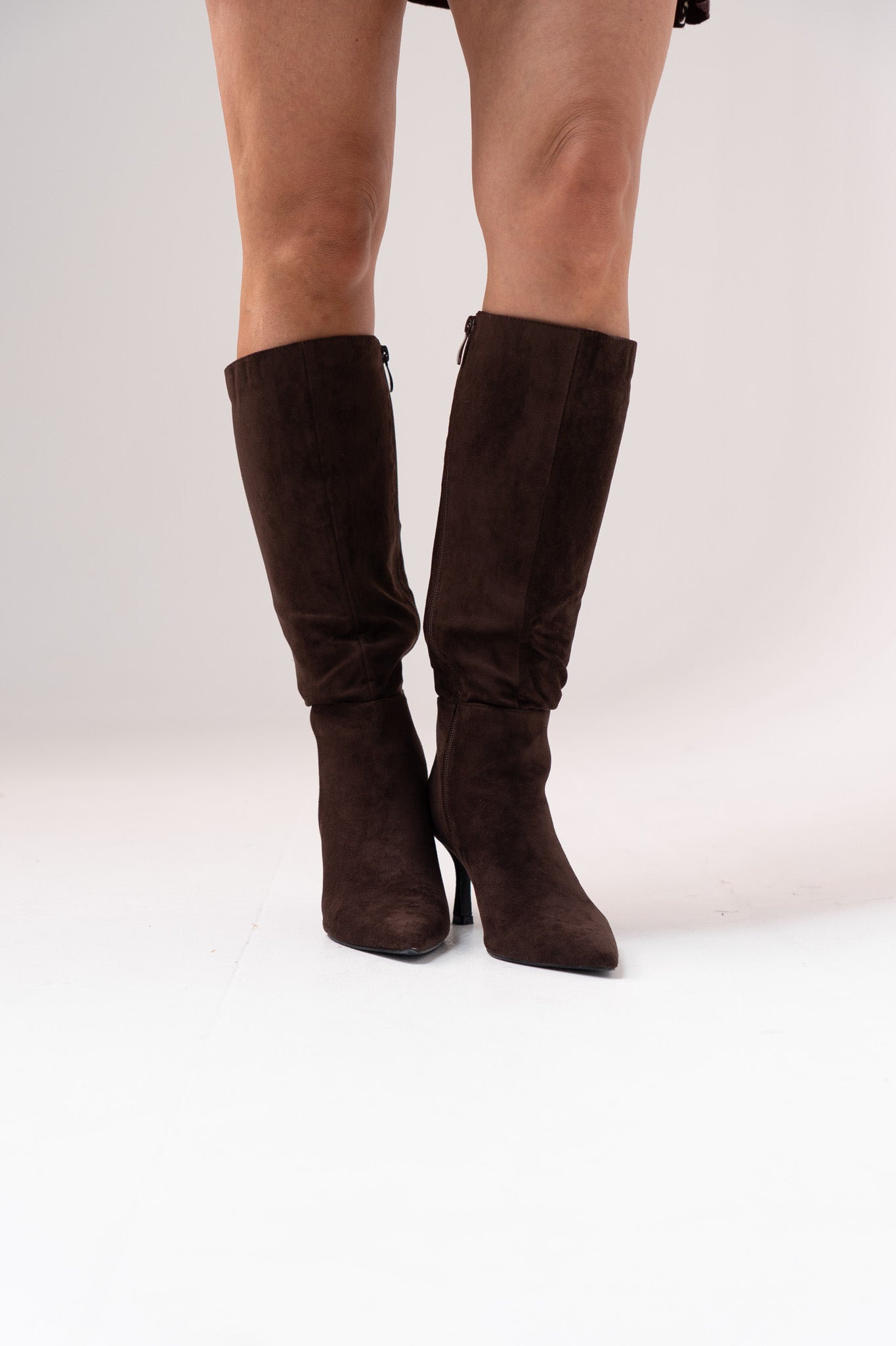 Cathy Faux Suede Heeled Boot In Chocolate