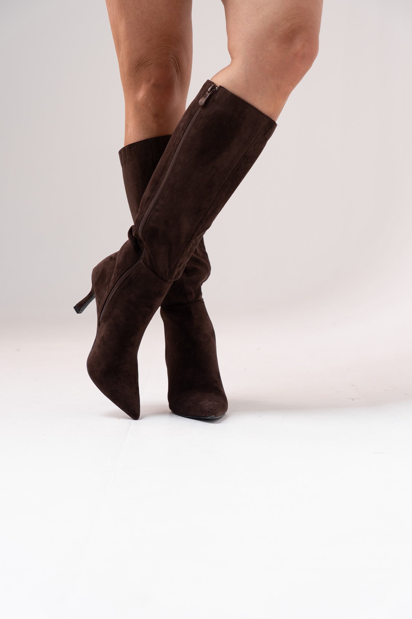Cathy Faux Suede Heeled Boot In Chocolate