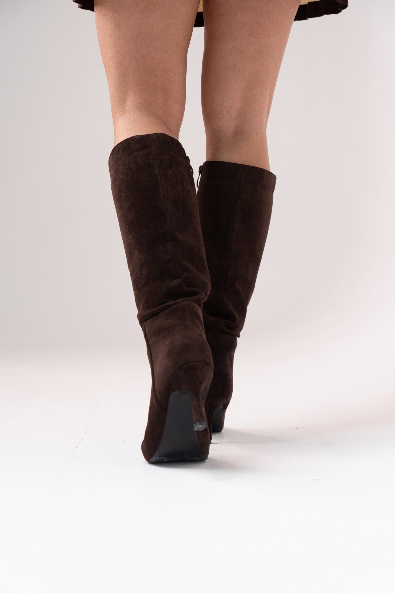 Cathy Faux Suede Heeled Boot In Chocolate