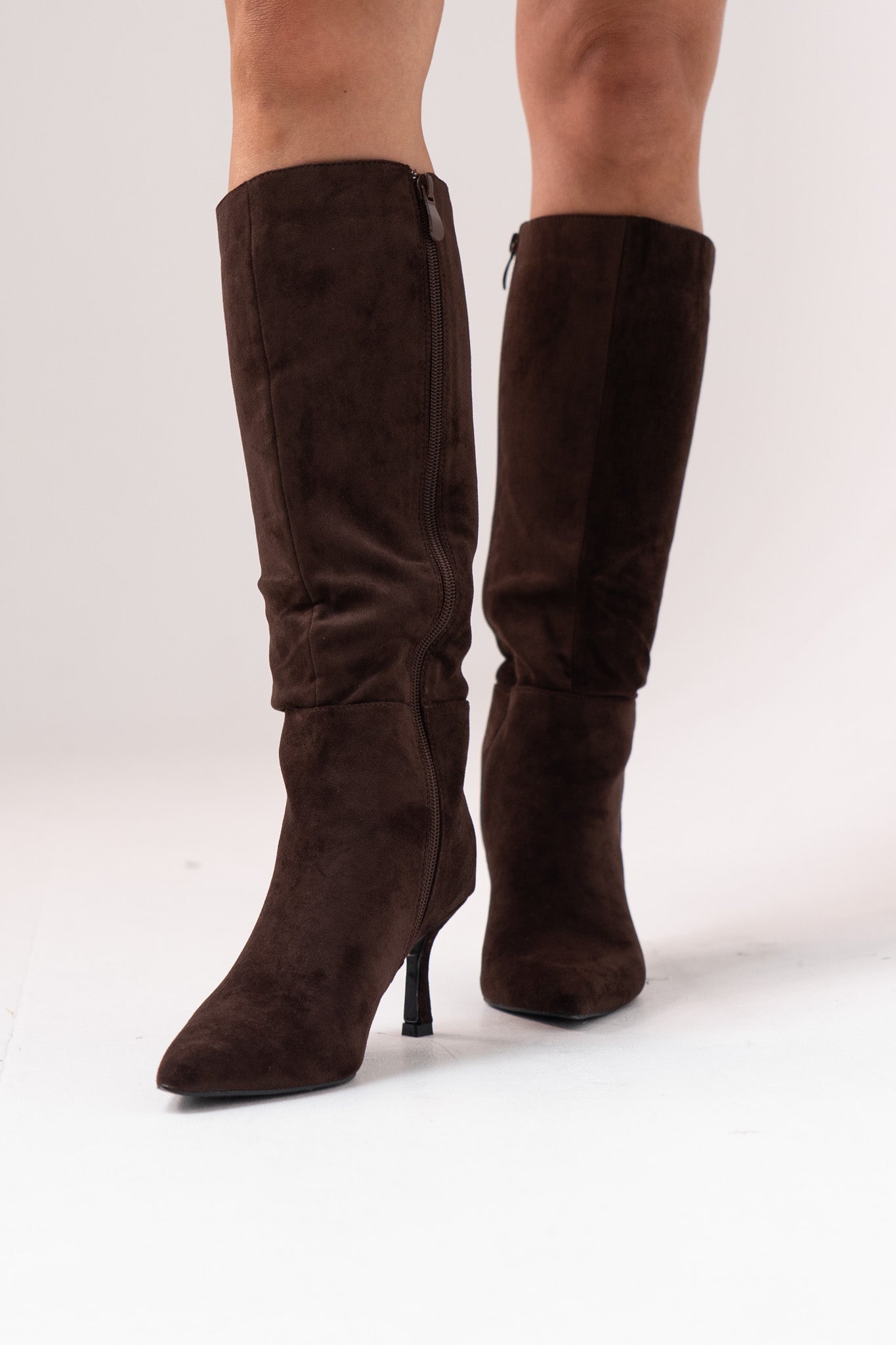 Cathy Faux Suede Heeled Boot In Chocolate