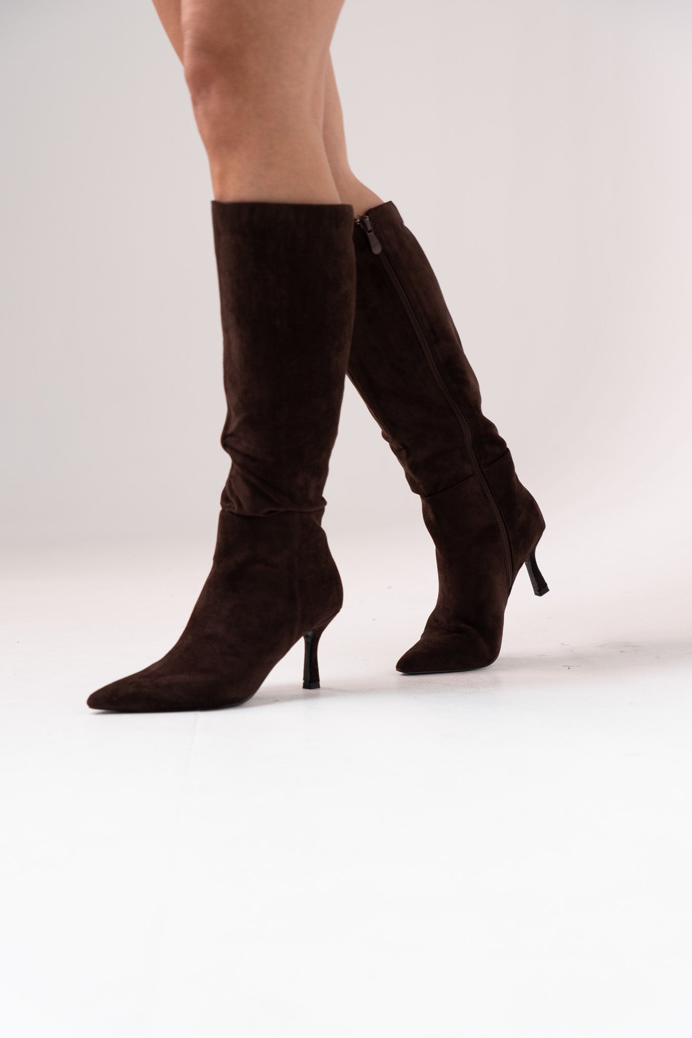 Cathy Faux Suede Heeled Boot In Chocolate