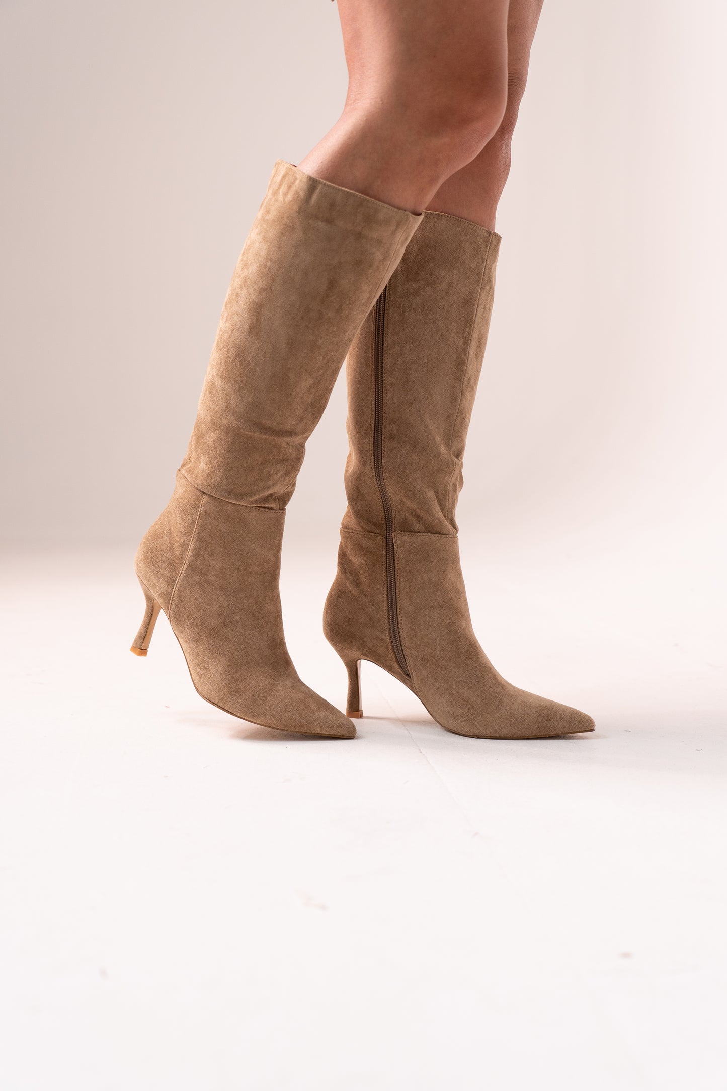 Cathy Faux Suede Heeled Boot In Taupe