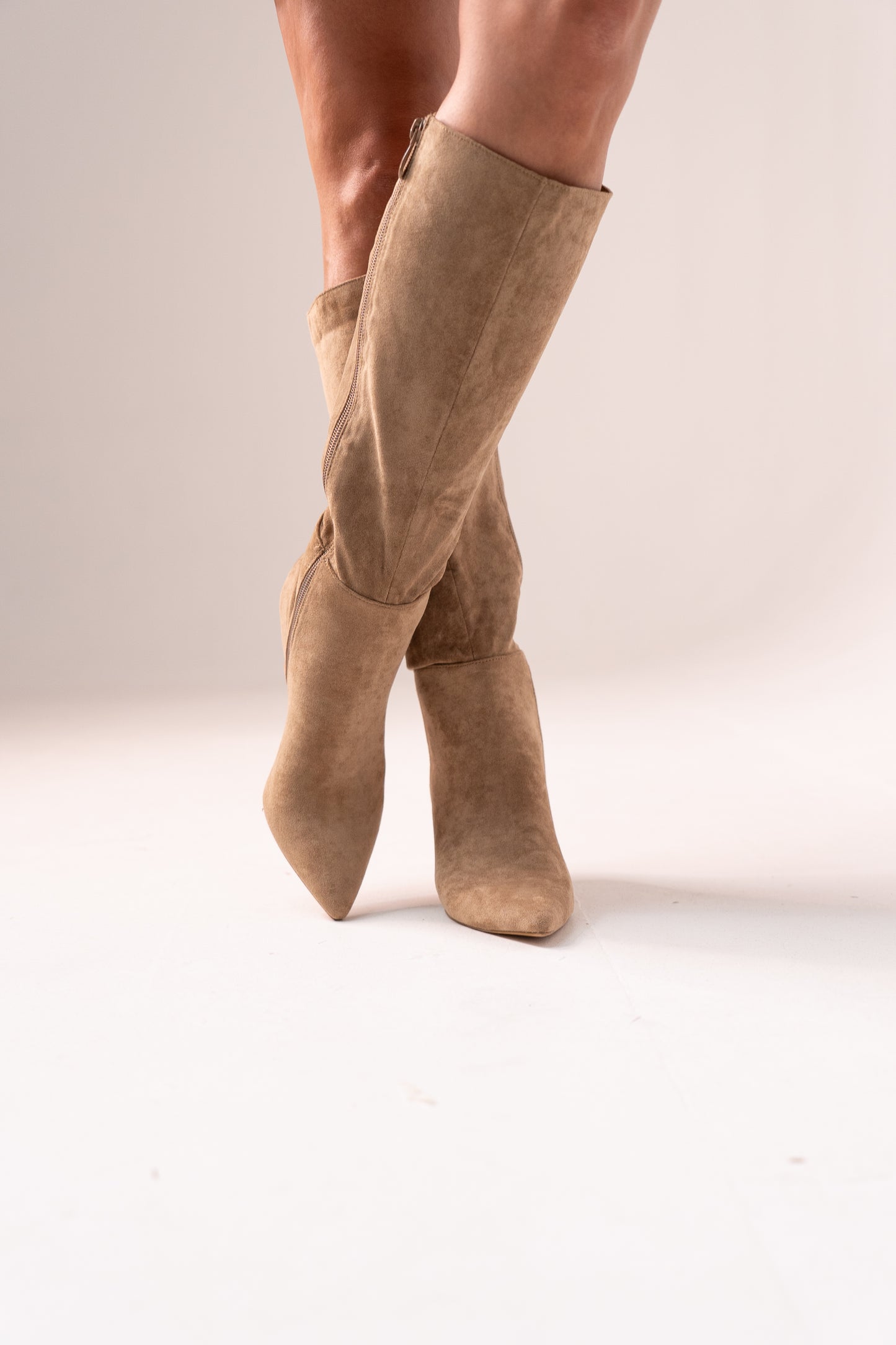 Cathy Faux Suede Heeled Boot In Taupe