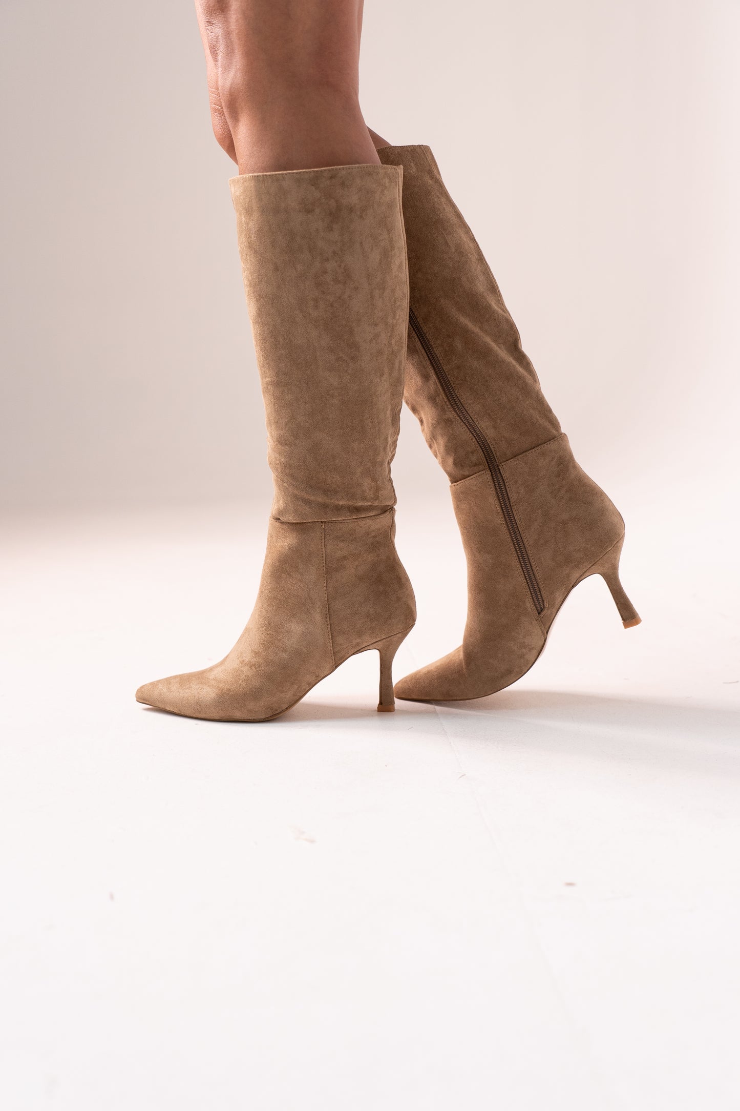 Cathy Faux Suede Heeled Boot In Taupe