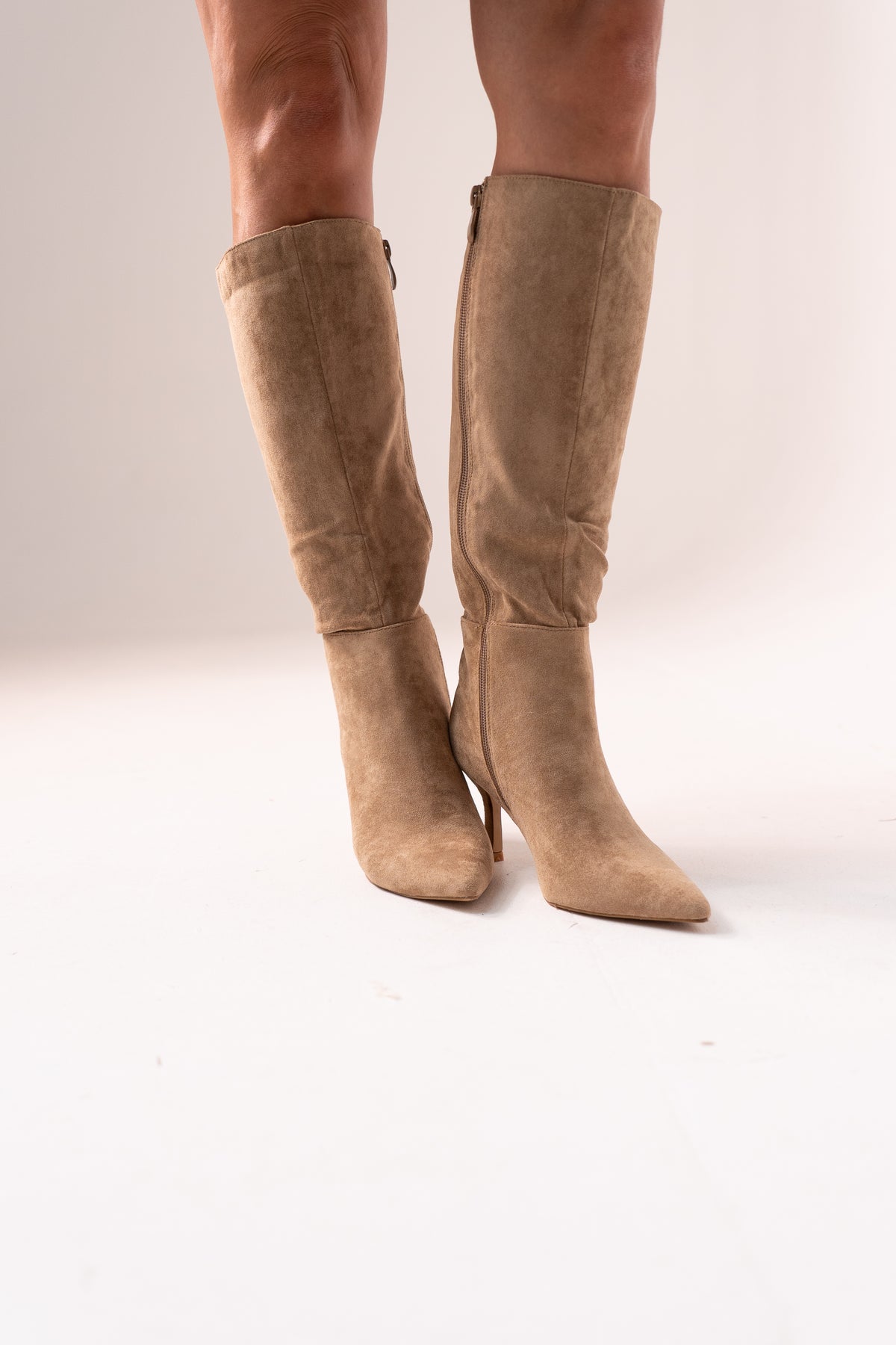 Cathy Faux Suede Heeled Boot In Taupe