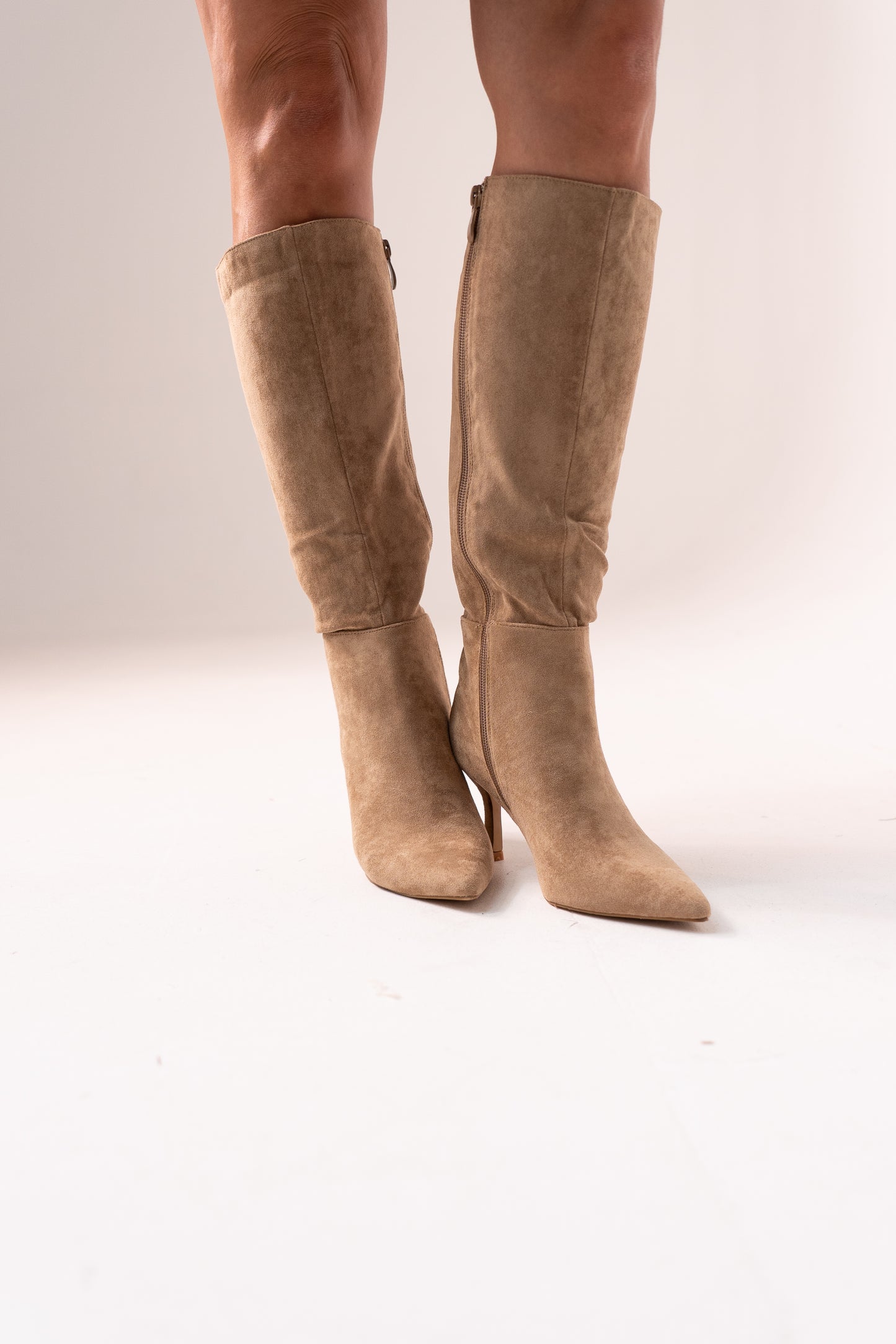 Cathy Faux Suede Heeled Boot In Taupe